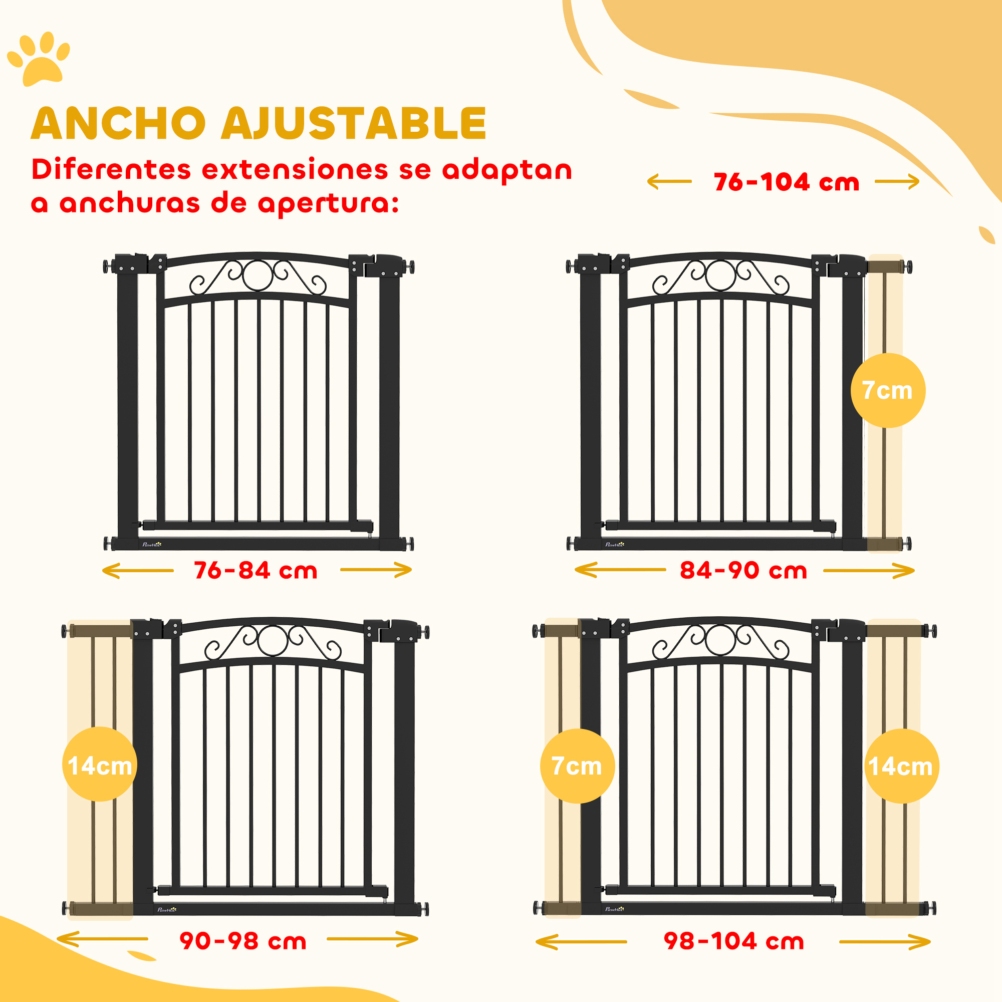 Barrera ajustable para mascotas en cuatro tamaños: 76-84 cm, 84-90 cm, 90-98 cm, 98-104 cm.