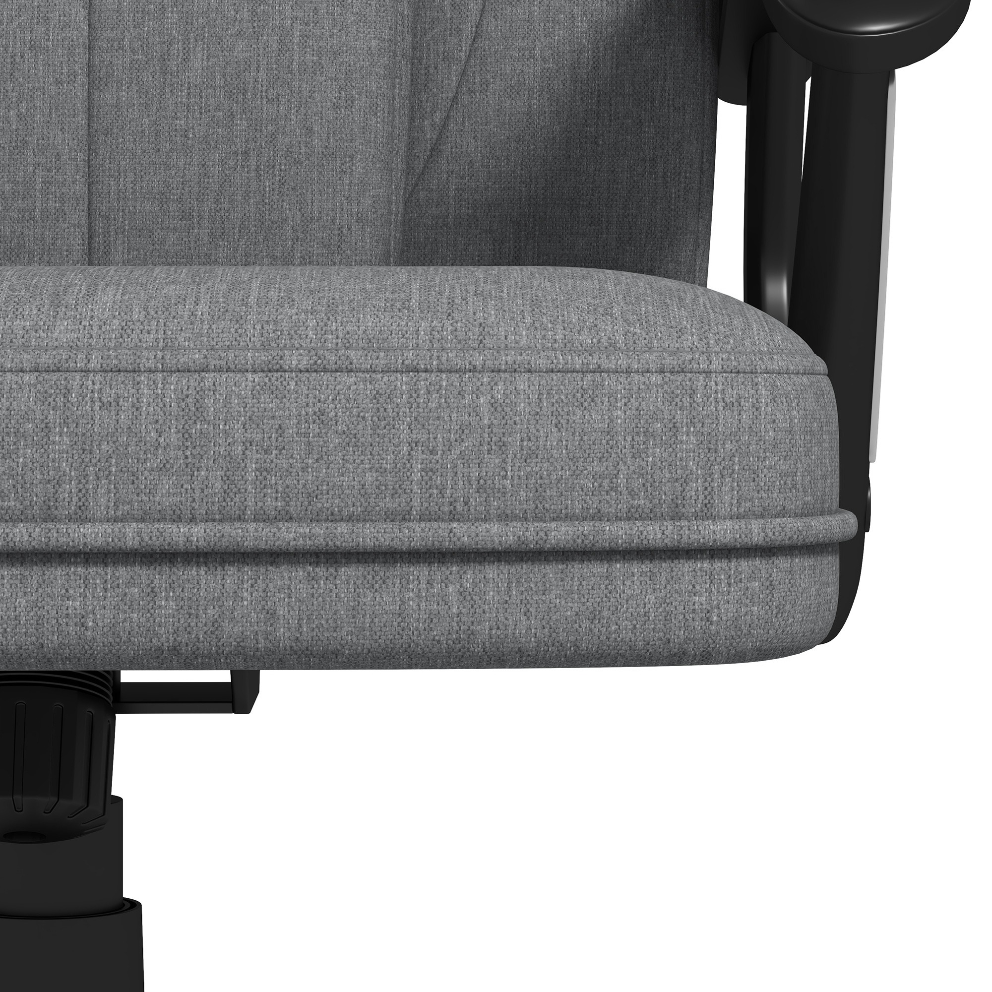 Silla de tela gris con reposabrazos y base negros.
