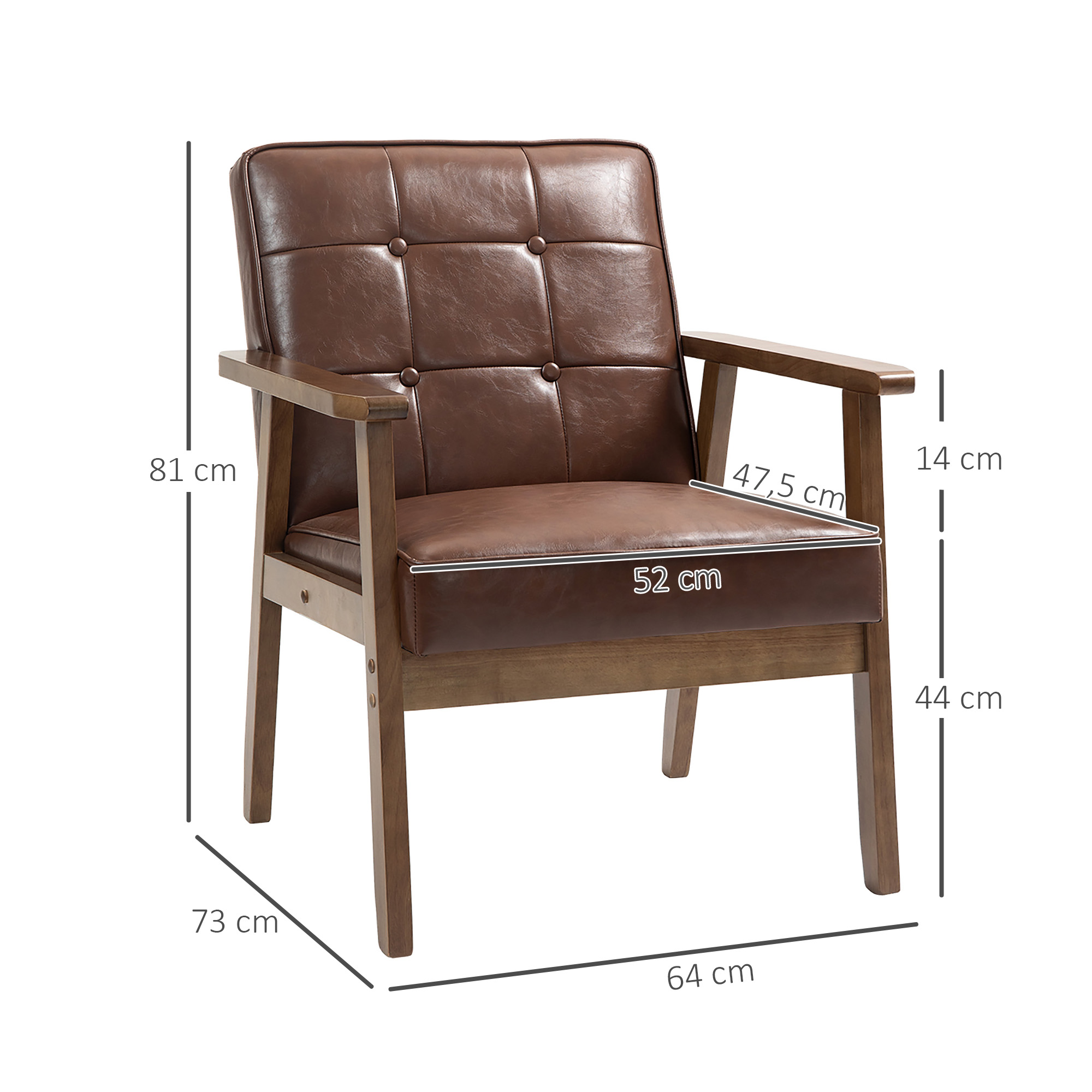 Sillón de cuero marrón con marco de madera. Dimensiones: 81x73x64 cm.