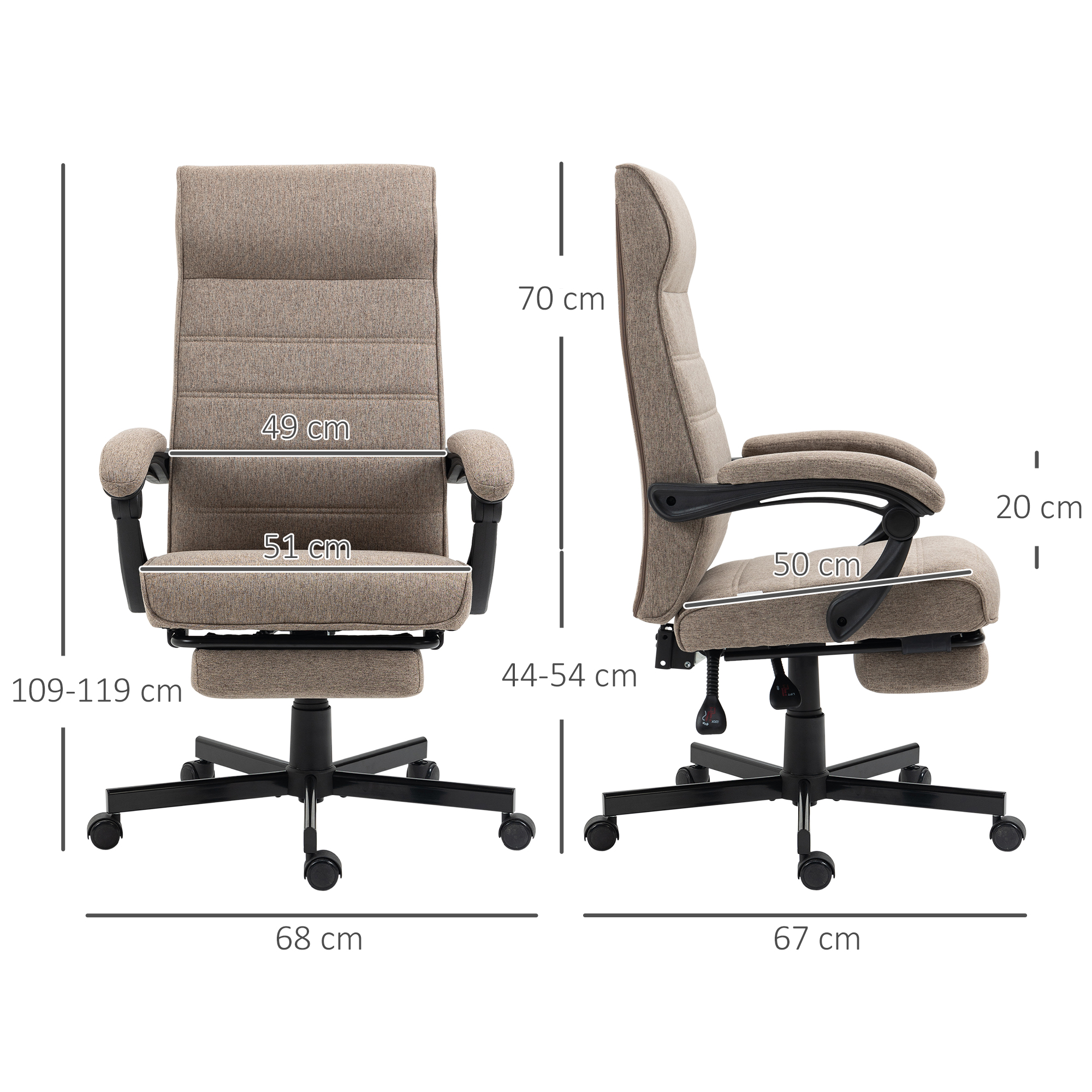 Silla de oficina beige con reposabrazos y ruedas, con medidas indicadas.
