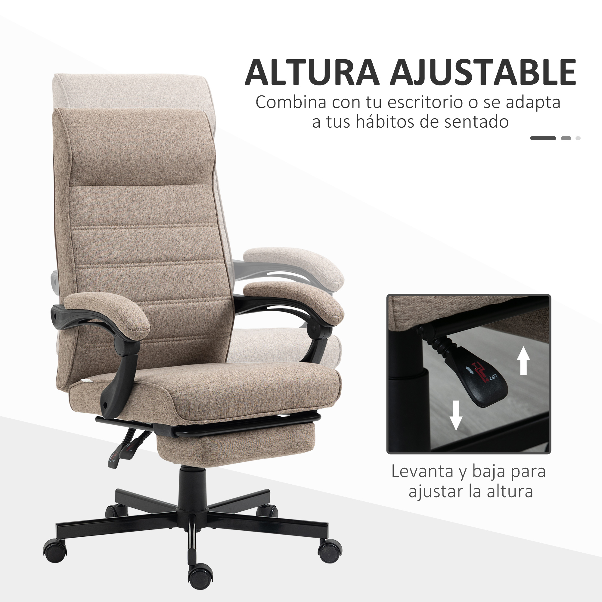 Una silla de oficina beige con altura y reposabrazos ajustables sobre base negra.