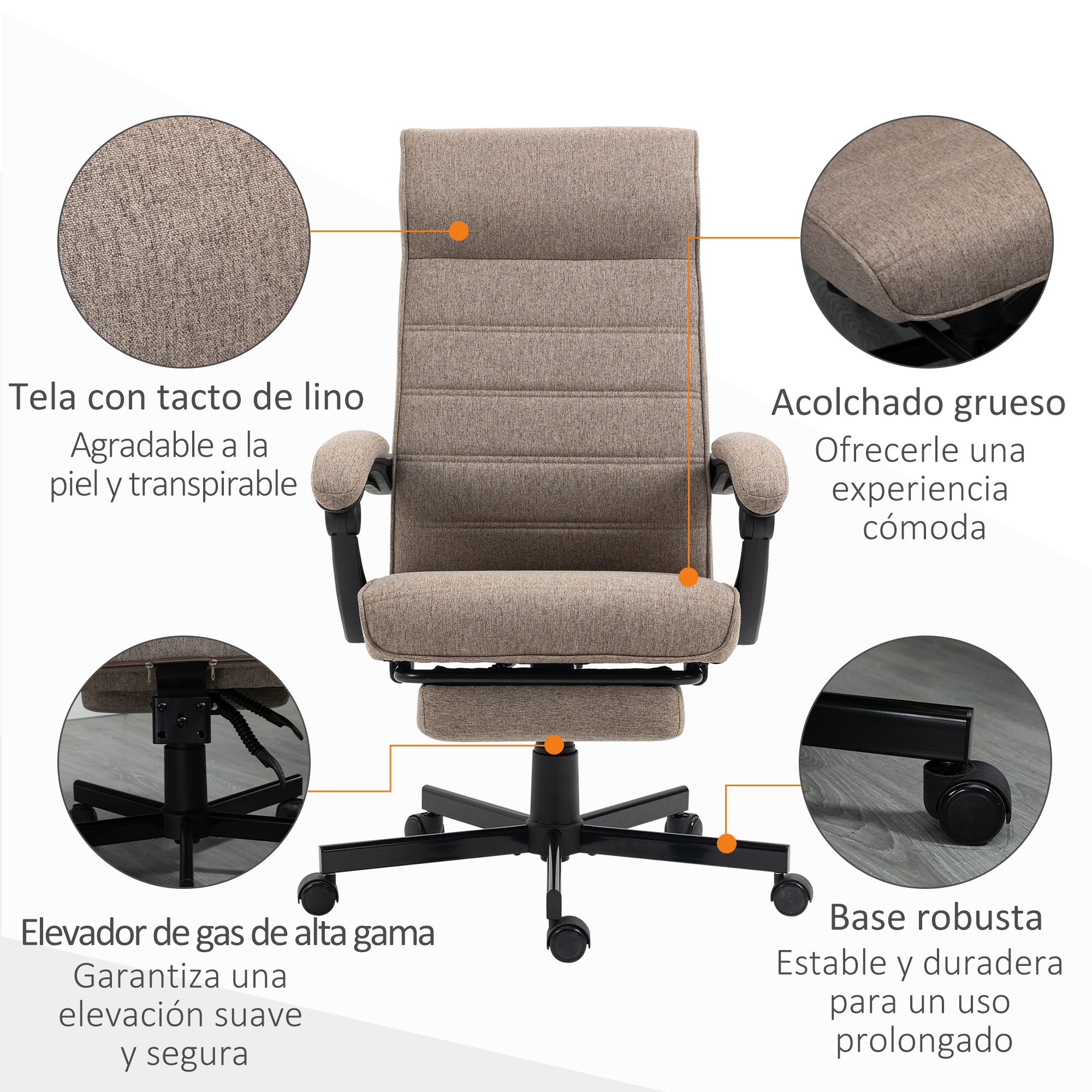 Un sillón de oficina beige con reposapiés retráctil, elevador de gas y ruedas.