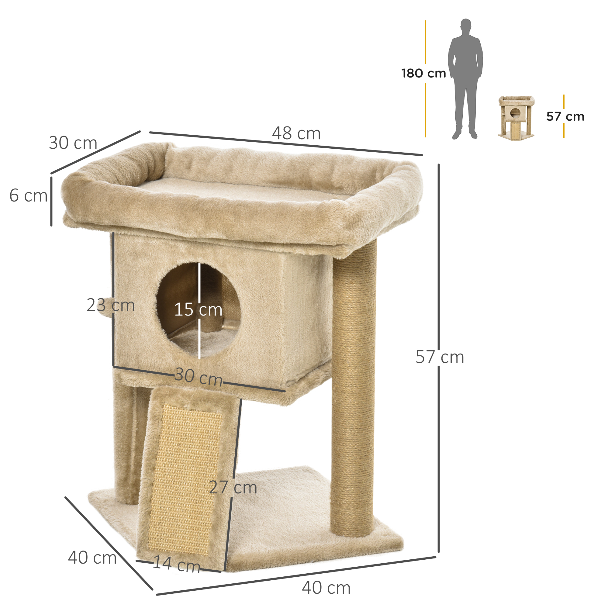 Un árbol para gatos beige con cama superior (30x48x6cm), cubículo (30x23x15cm), poste rascador (57cm alto) y rampa (14x27cm).