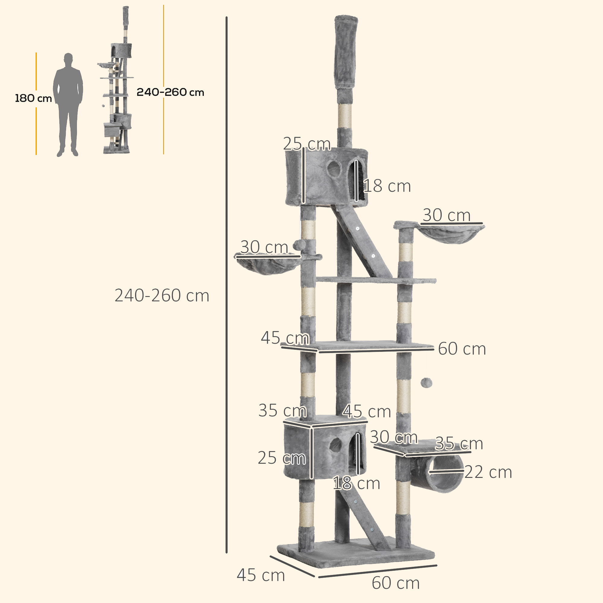 Árbol rascador gris y alto con múltiples niveles, hamacas y escondites, 240-260cm.