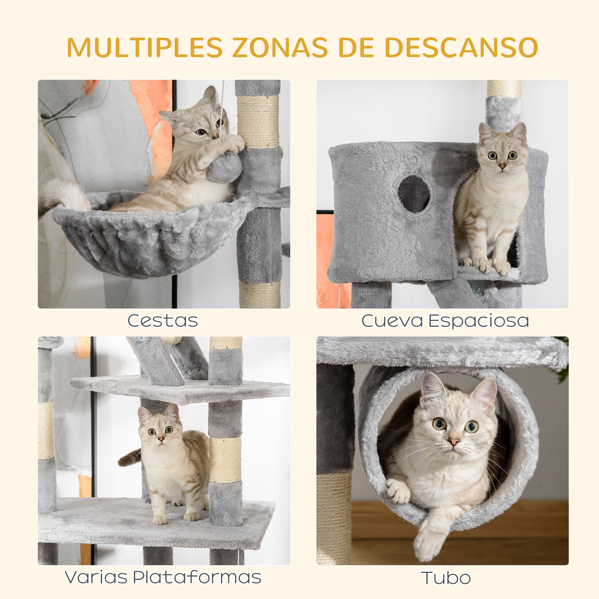 Cuatro muebles grises para gatos: hamaca, cueva, plataformas, tubo con gatos.