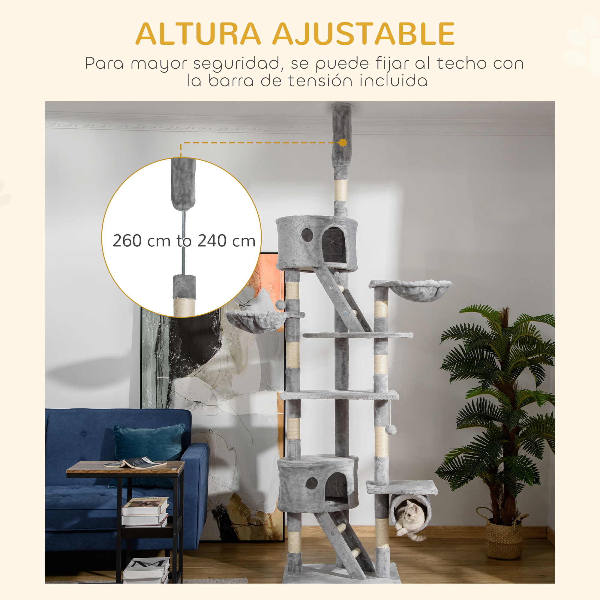 Árbol rascador gris de varios niveles, ajustable de 240 a 260 cm.