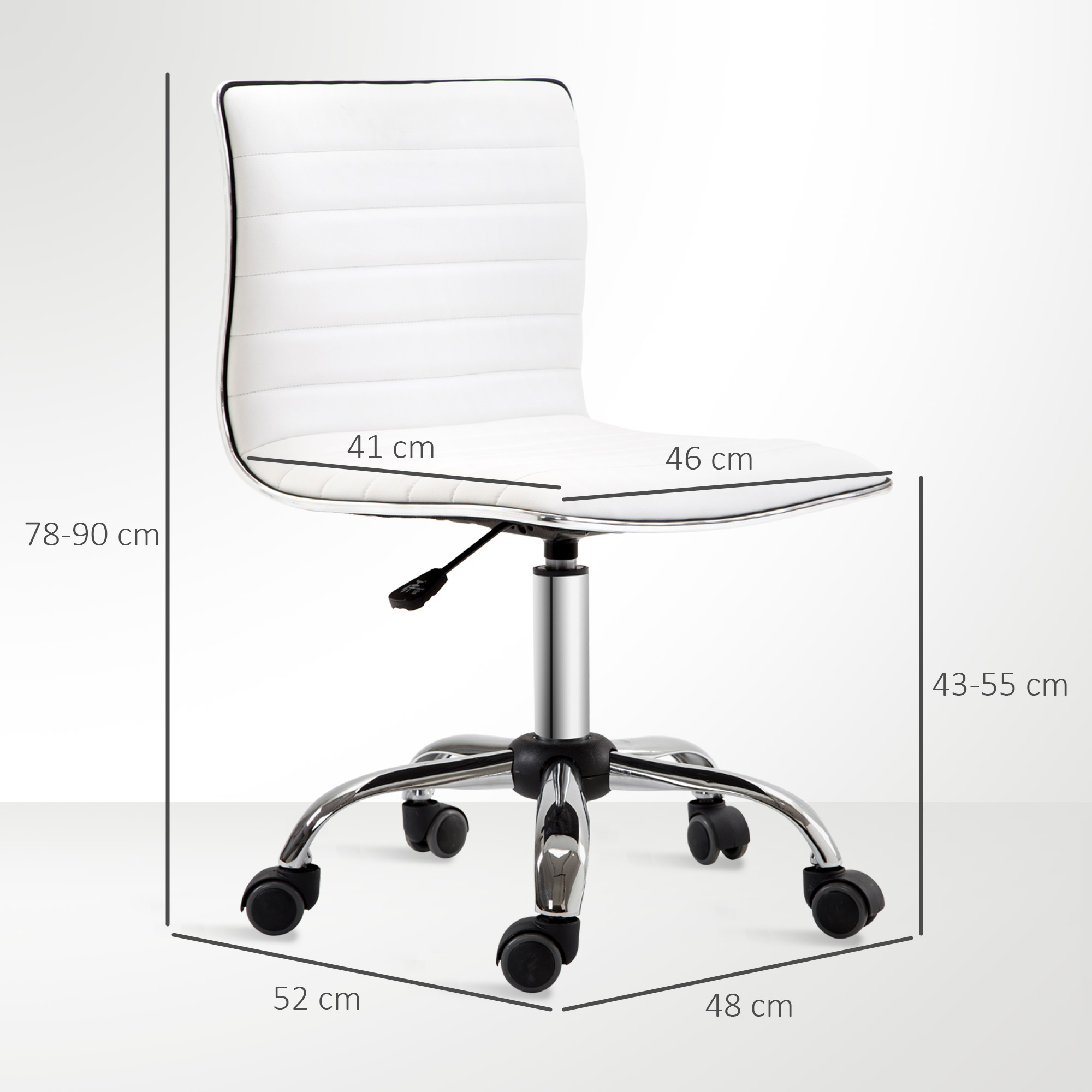 Silla de oficina blanca con ruedas, se muestran las dimensiones.