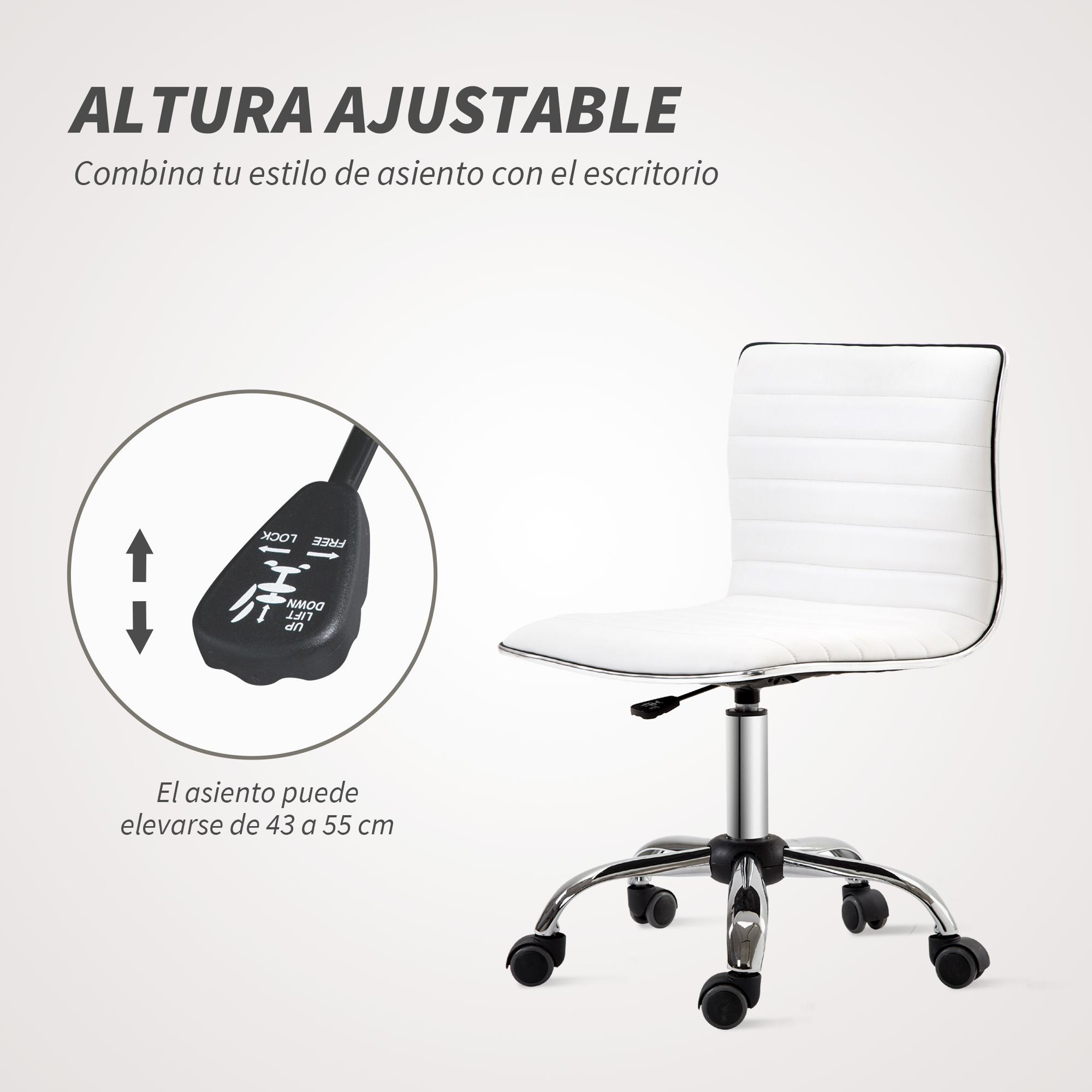 Silla de oficina blanca con altura regulable y palanca de ajuste.