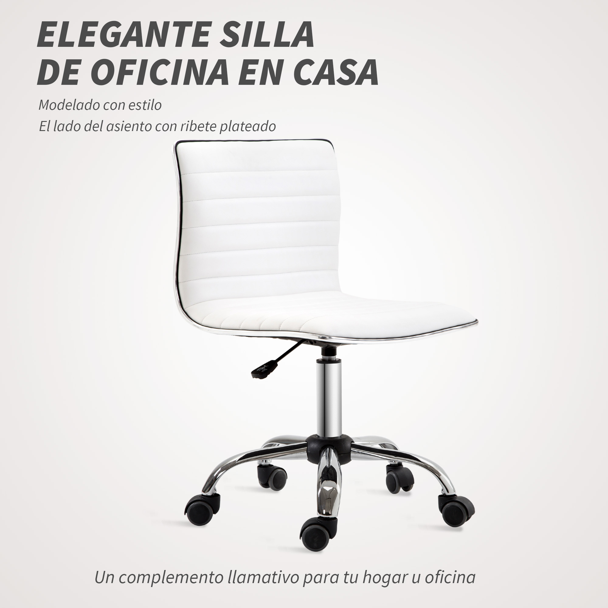 Elegante silla de oficina blanca con ribete plateado y ruedas.