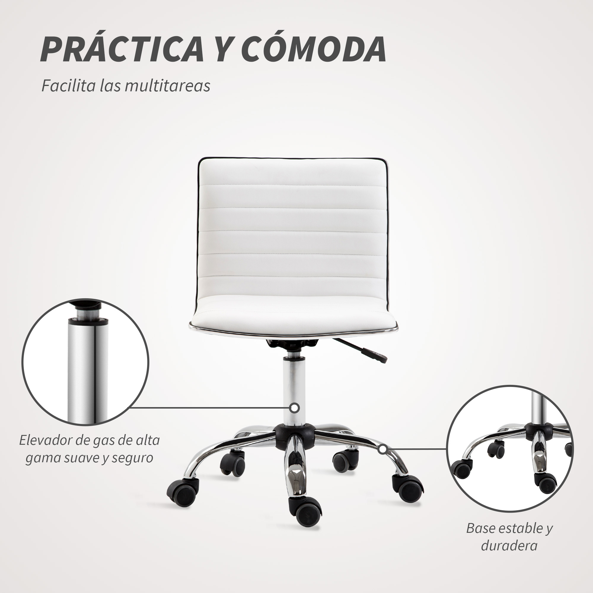 Silla de oficina blanca con base cromada y ruedas. Primer plano del elevador.