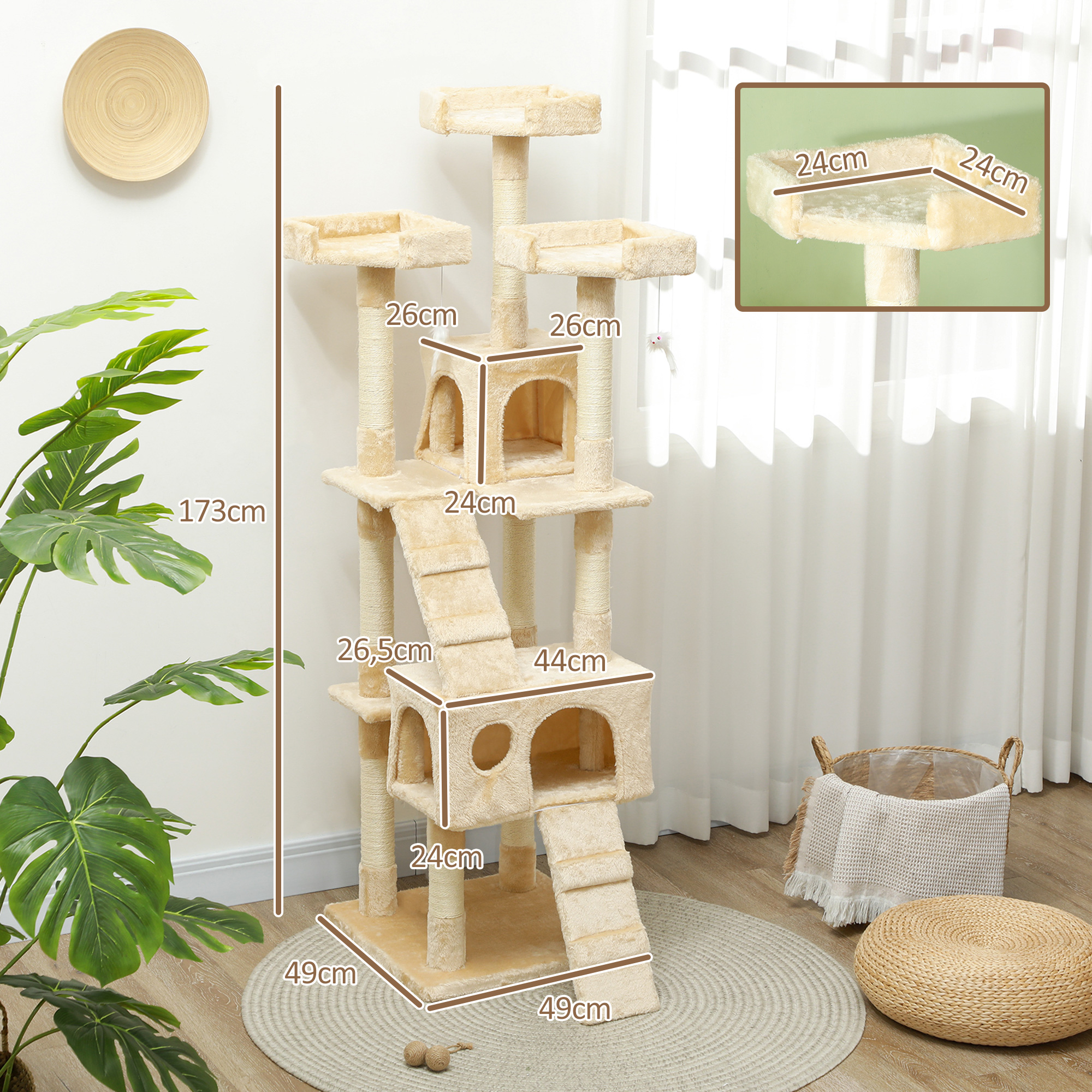 Un árbol rascador de tela beige de varios niveles con plataformas, casas y rampas.