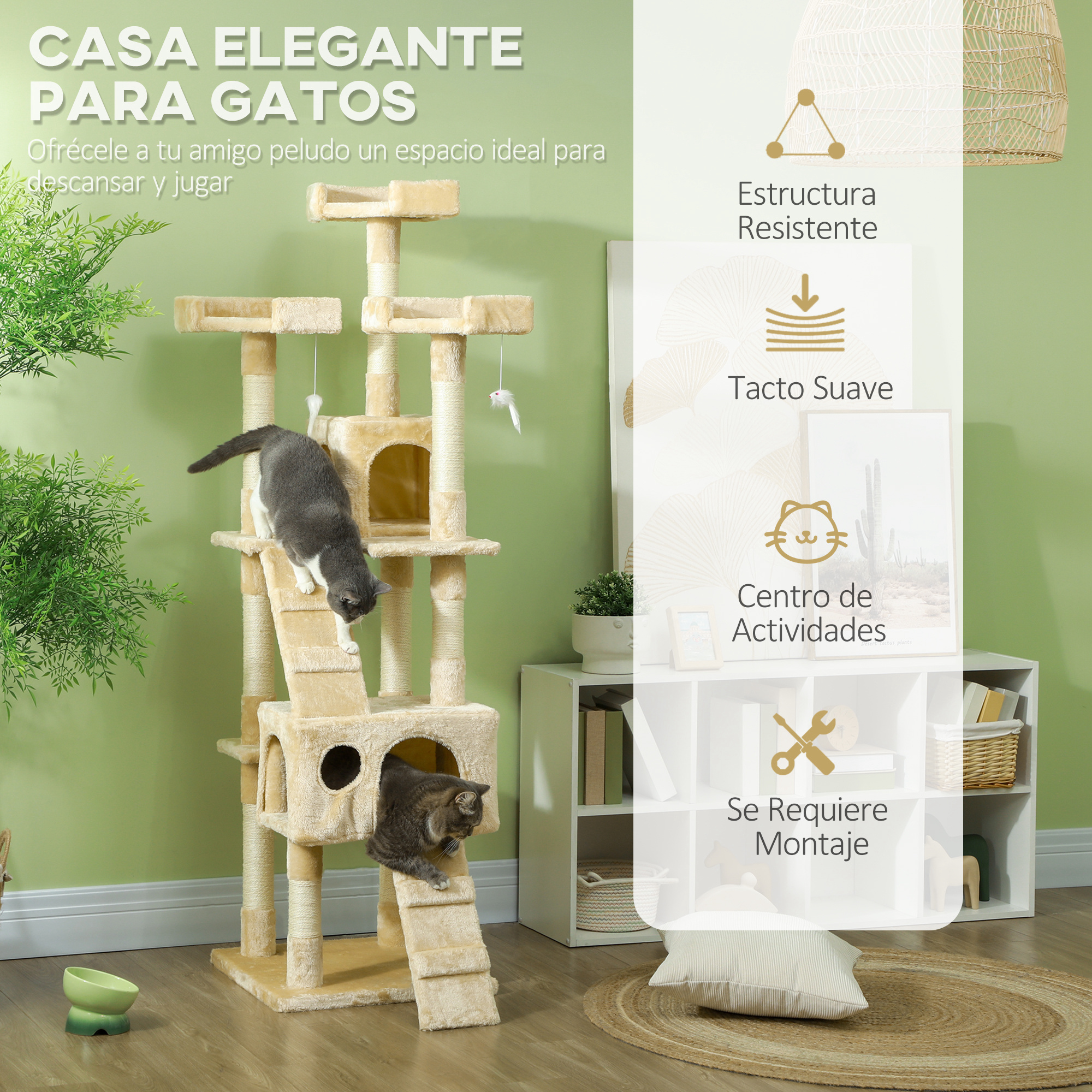 Un árbol rascador beige con dos gatos, uno trepando, otro dentro de una casita.