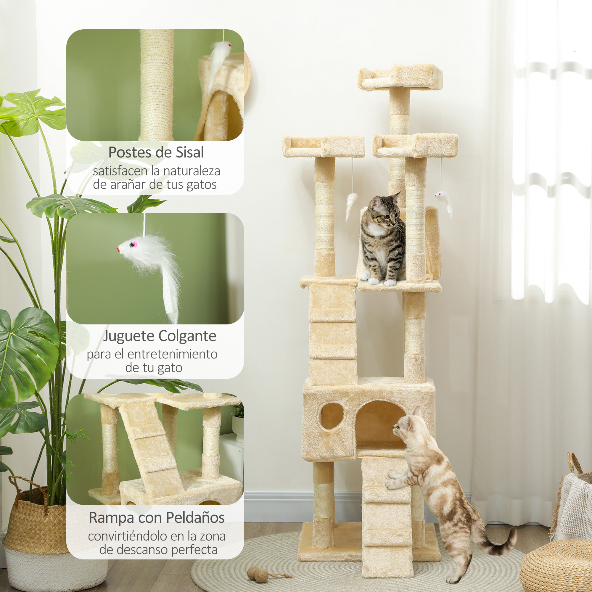 Árbol para gatos de varios niveles con dos gatos y juguetes.