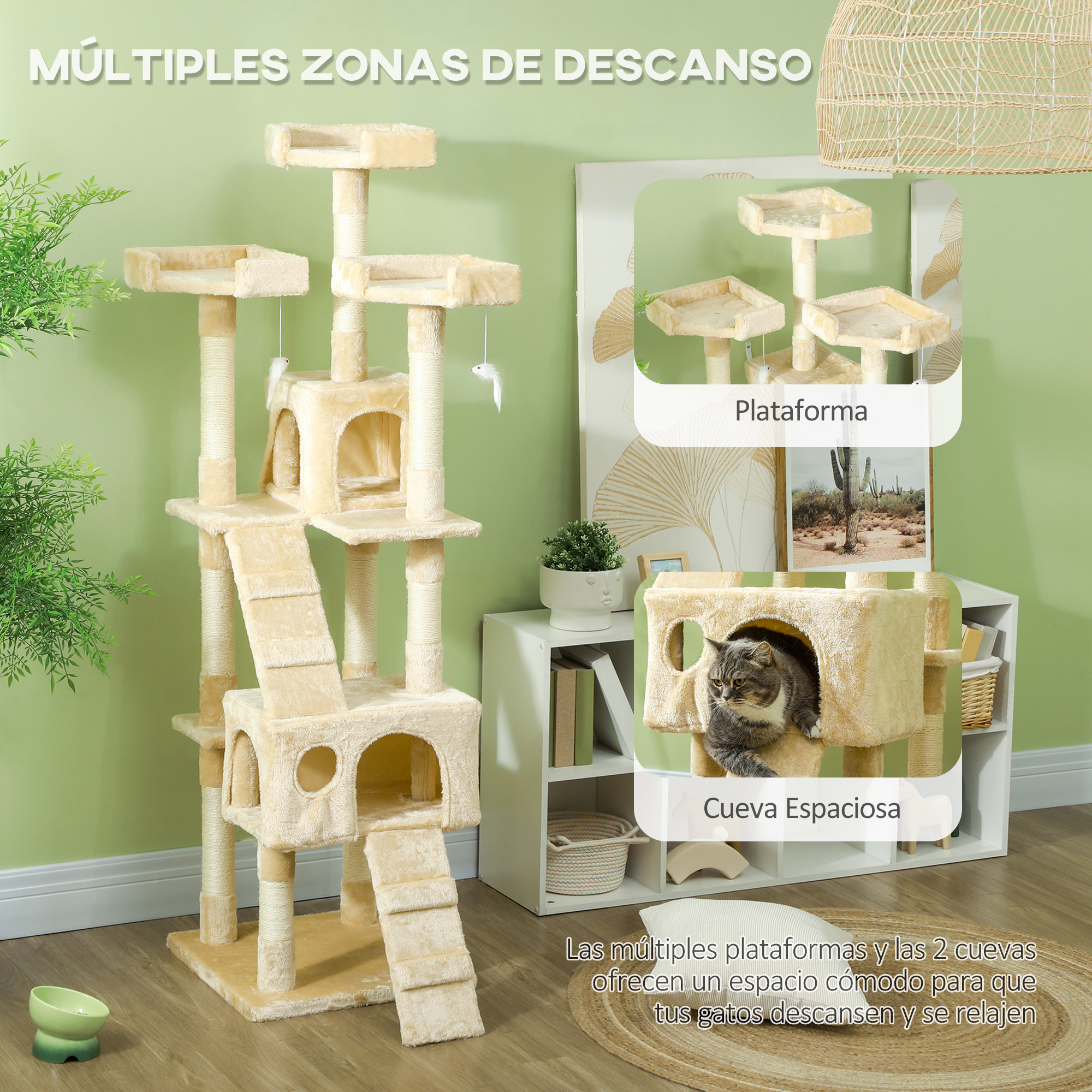 Un árbol para gatos alto con varios niveles, plataformas, cuevas y rascadores.