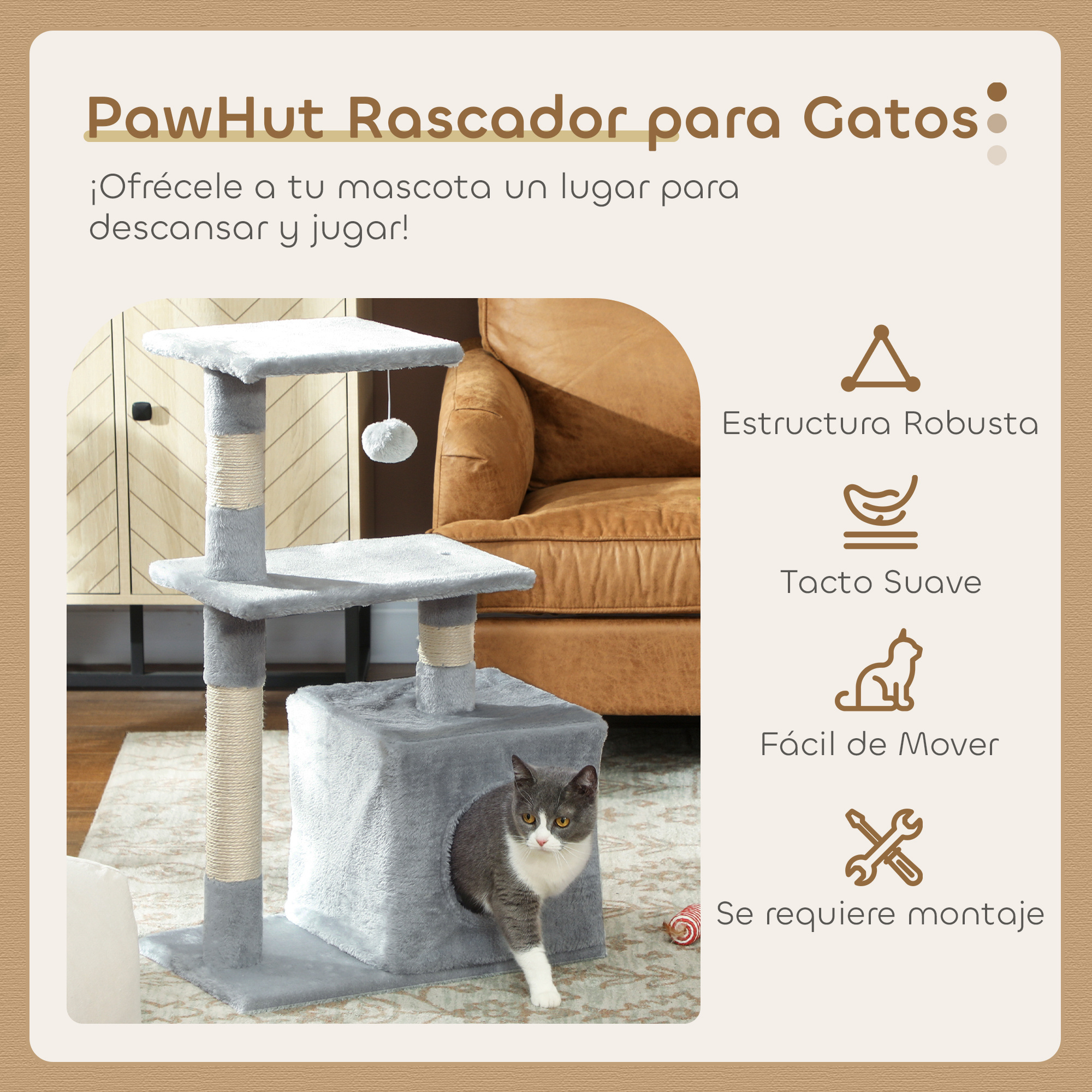 Árbol rascador gris con un gato asomándose de una guarida.
