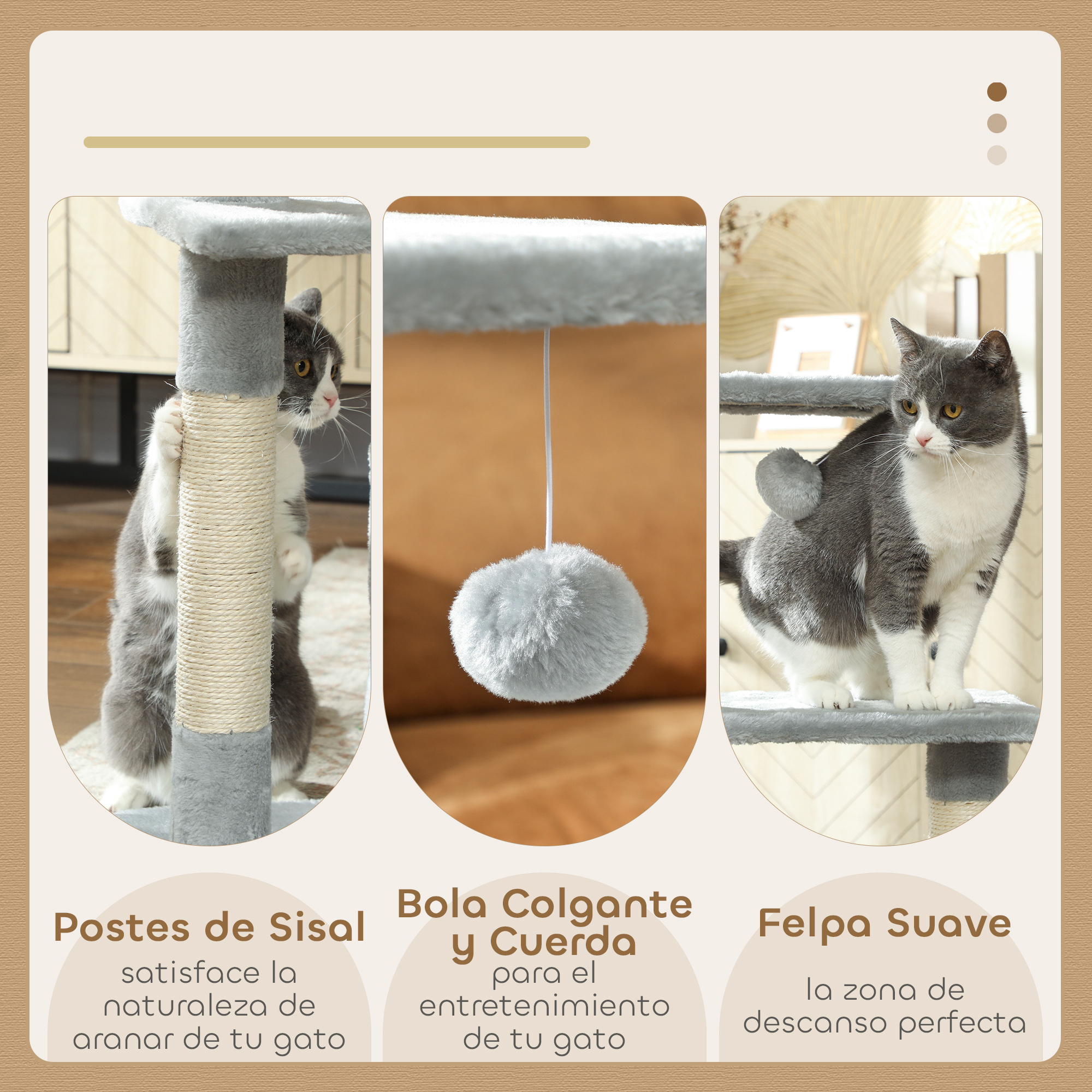 Gato gris y blanco en un árbol para gatos con bola de juguete.