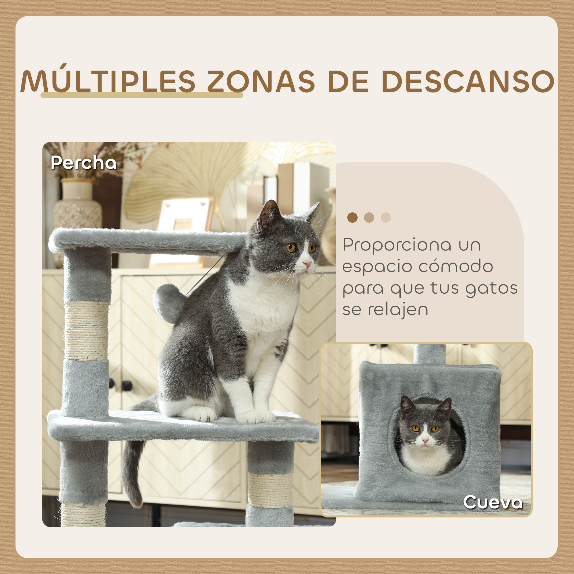 Gato gris en un árbol rascador con múltiples zonas de descanso.