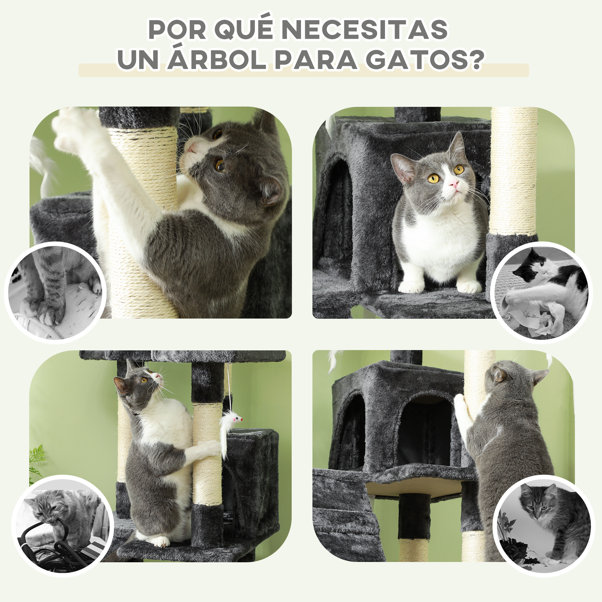Gatos grises y blancos juegan en un árbol para gatos de varios niveles.
