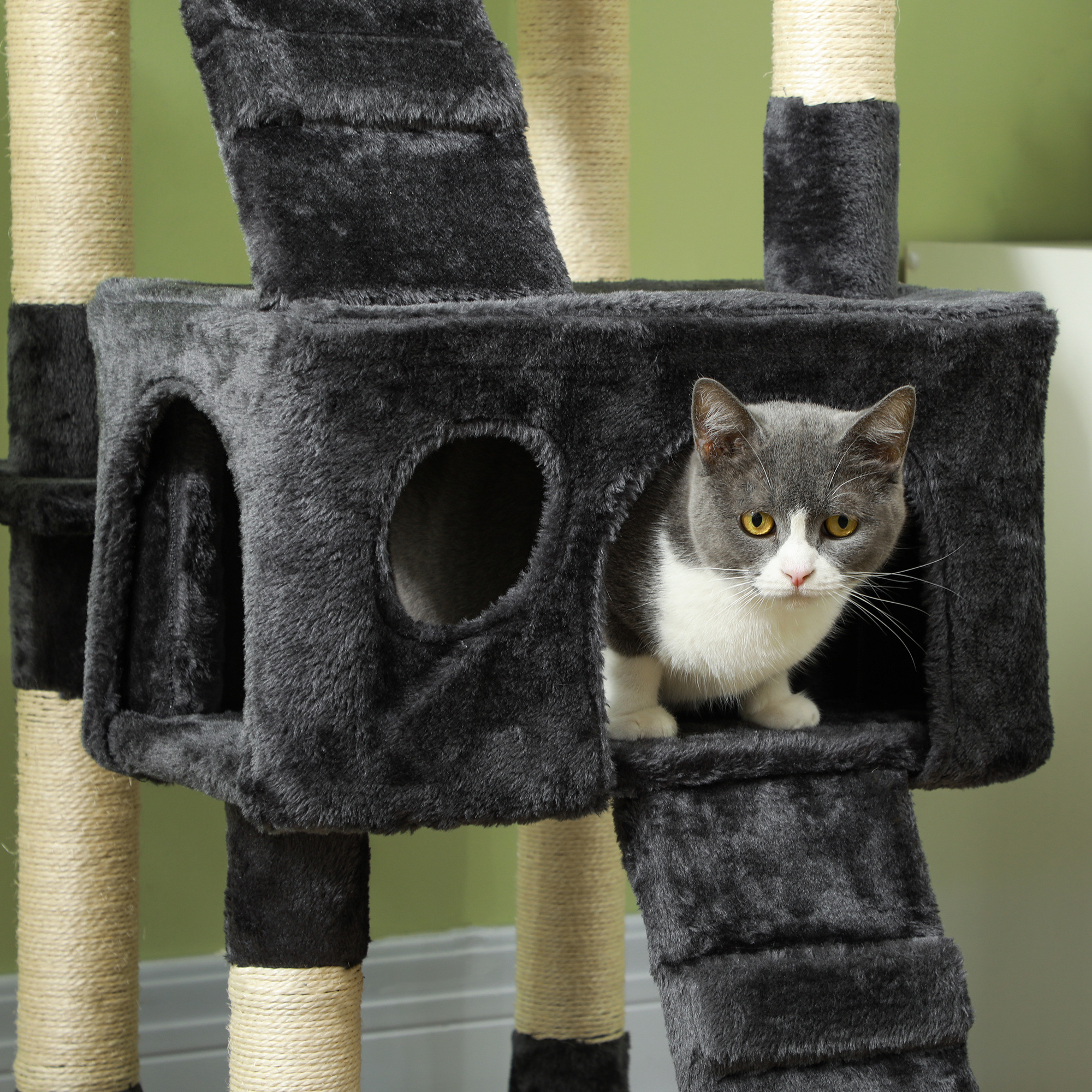Un gato gris y blanco asoma desde un árbol para gatos gris oscuro con postes.