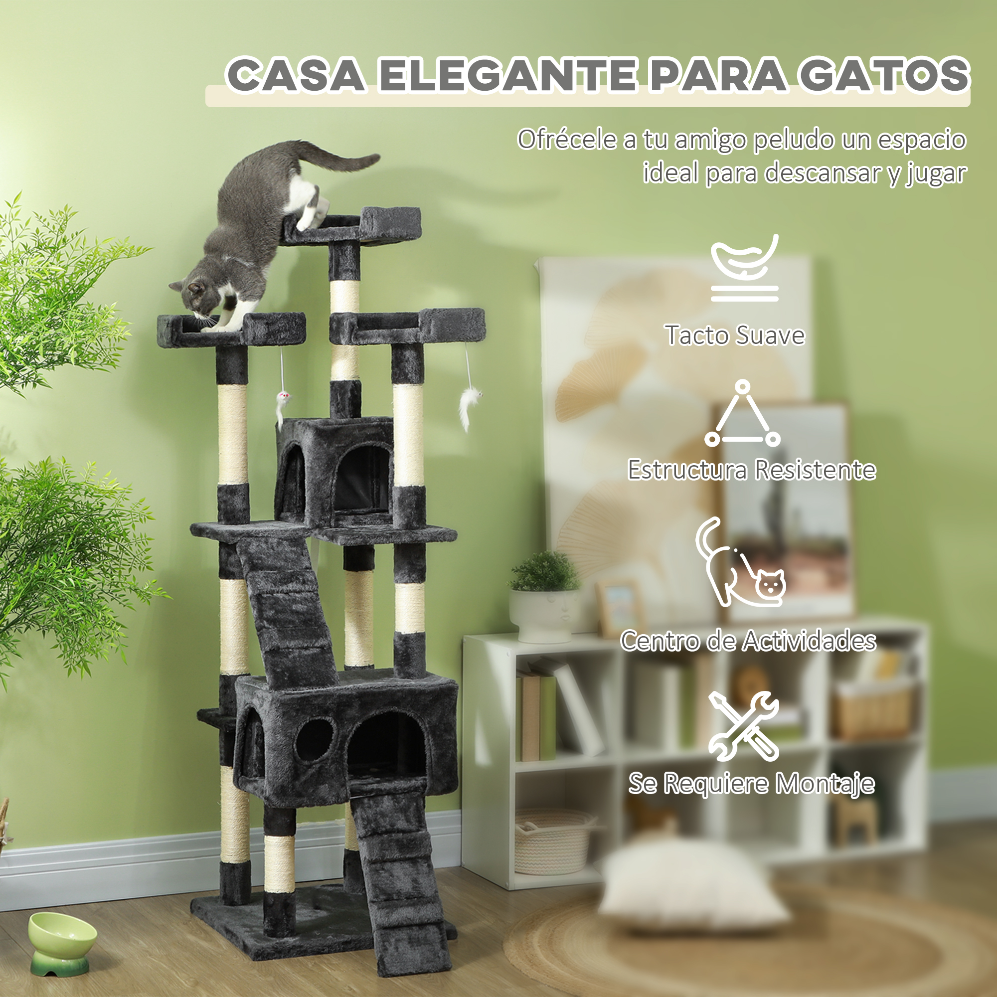 Árbol rascador gris de varios niveles con un gato encima. Pared pintada de verde.