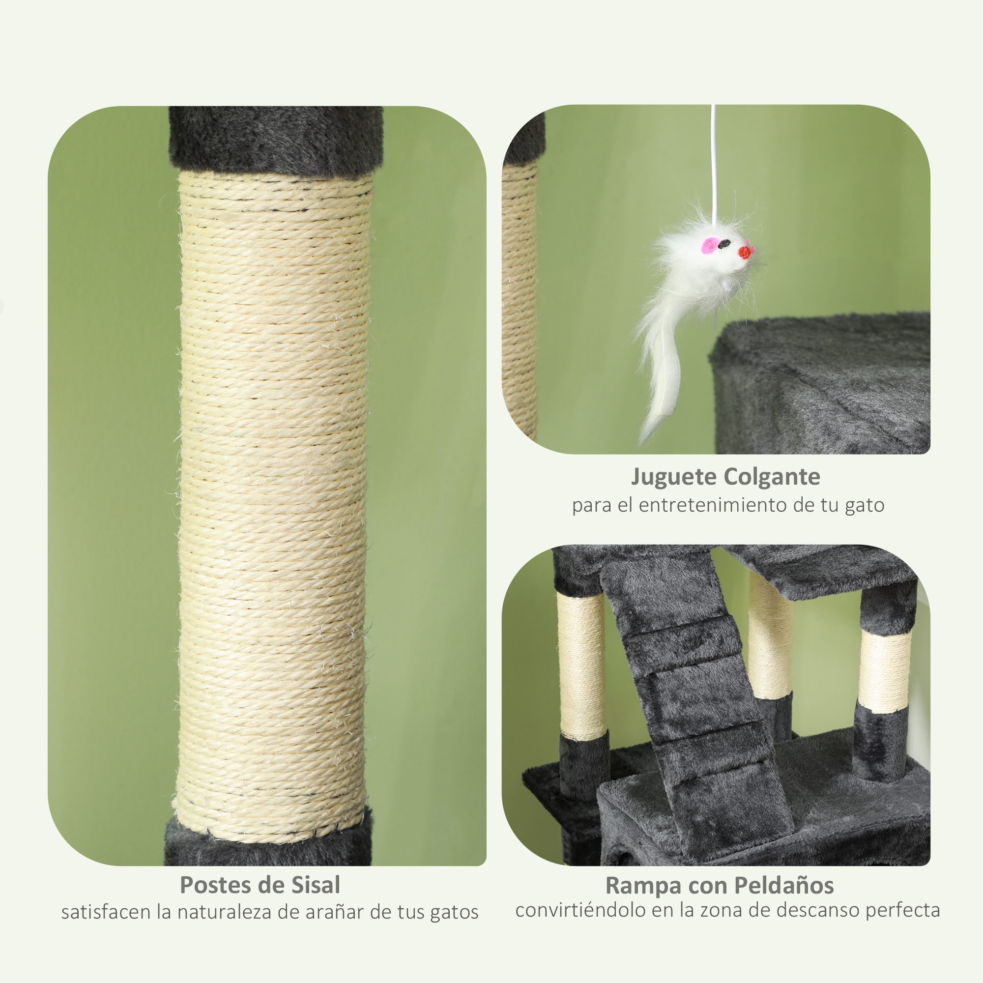 Árbol para gatos con postes de sisal, ratón colgante y rampa.