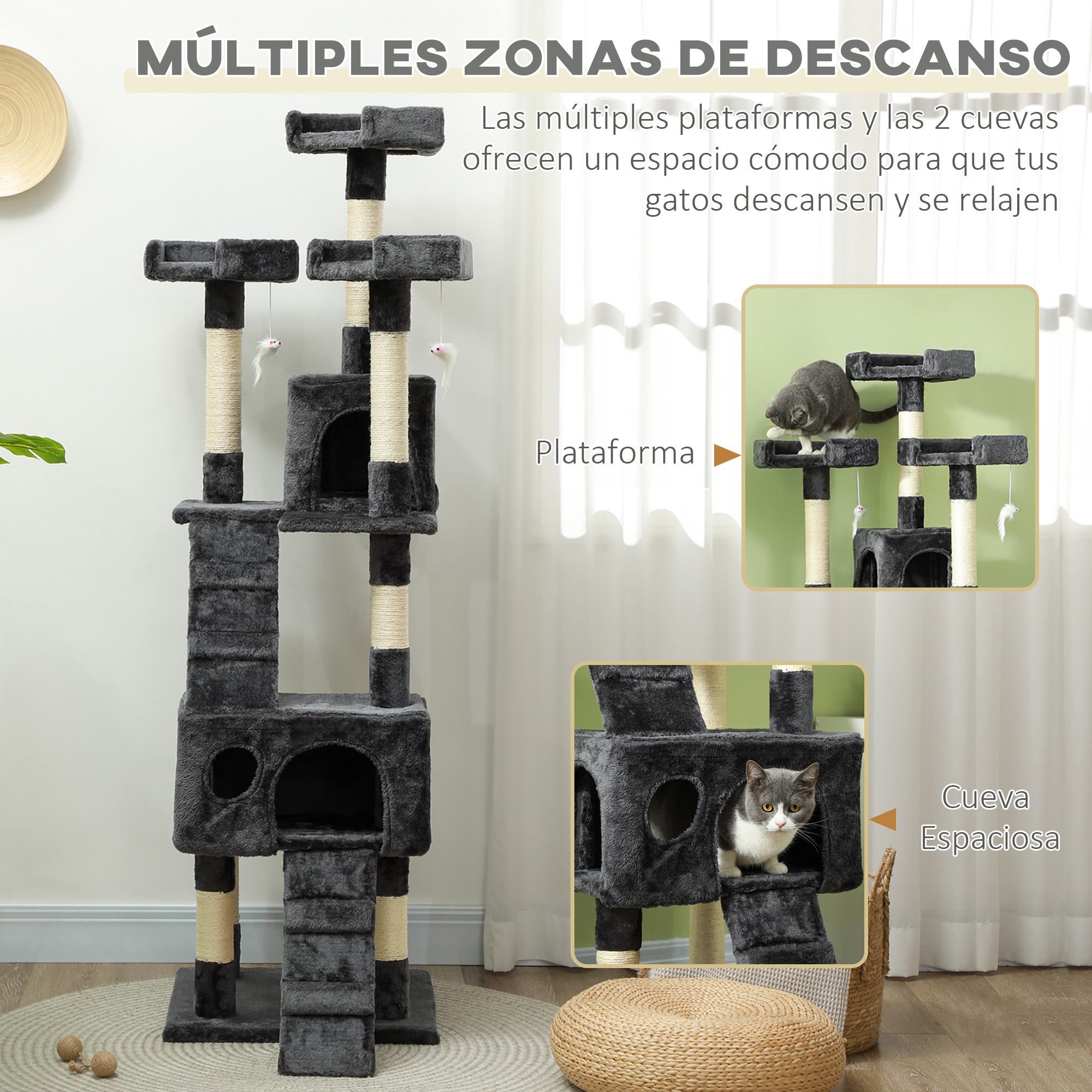 Un árbol alto para gatos con múltiples niveles, plataformas, cuevas y juguetes.