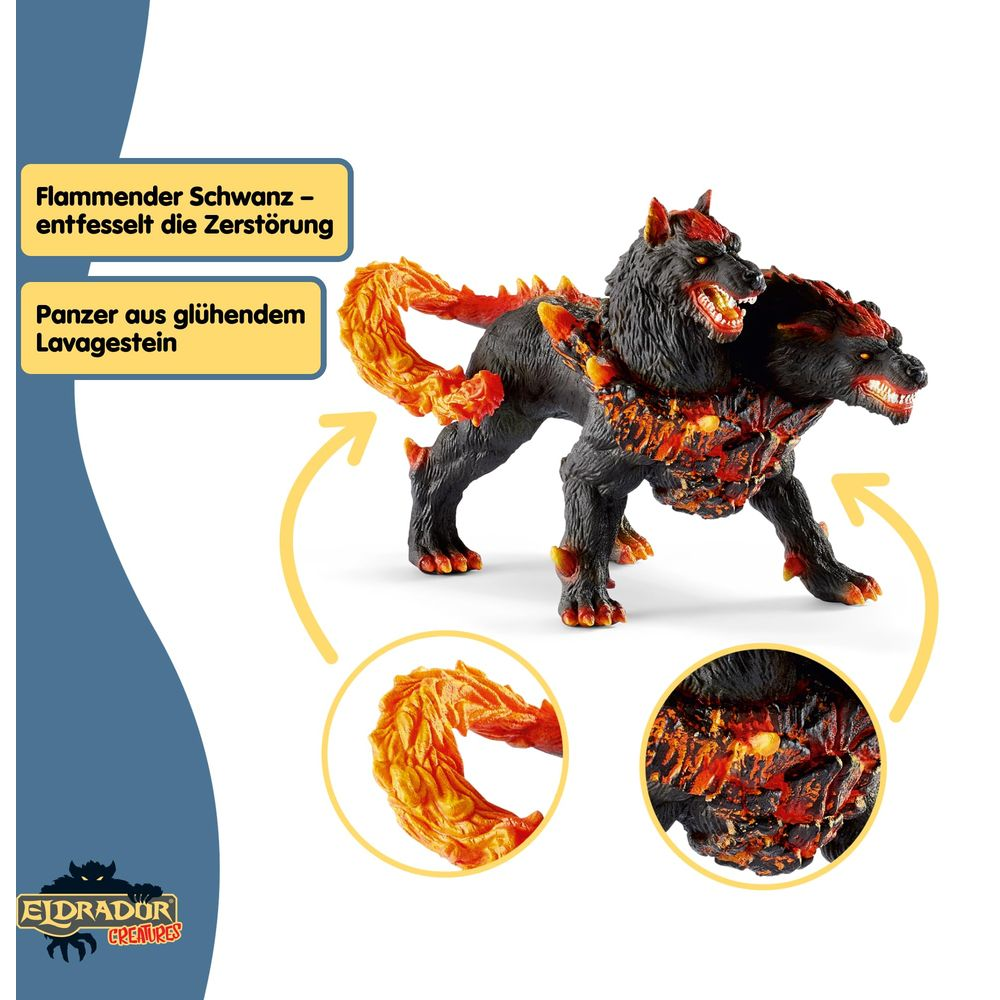 Zweiköpfiges Monster mit Flammen und Lava-Panzer.