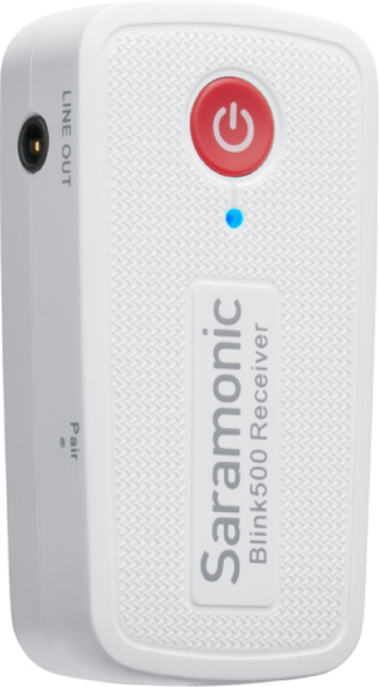 Ein weißer Sendersender mit rotem Power-Button und blauer LED.