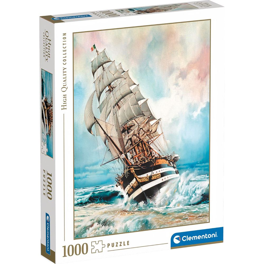 Een zeilschip op een stormachtige zee met woeste golven.
