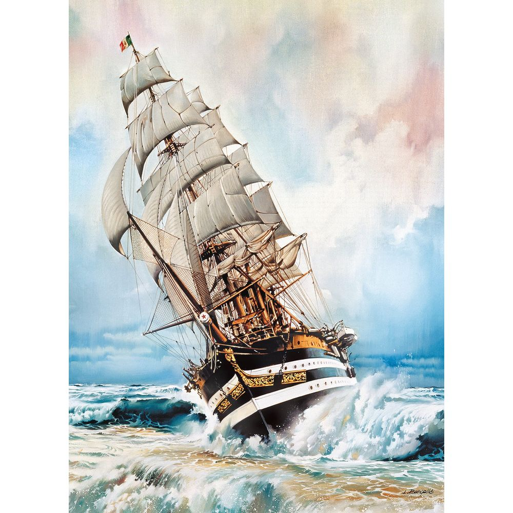 Een zeilschip met volle zeilen trotseert de ruige zee.