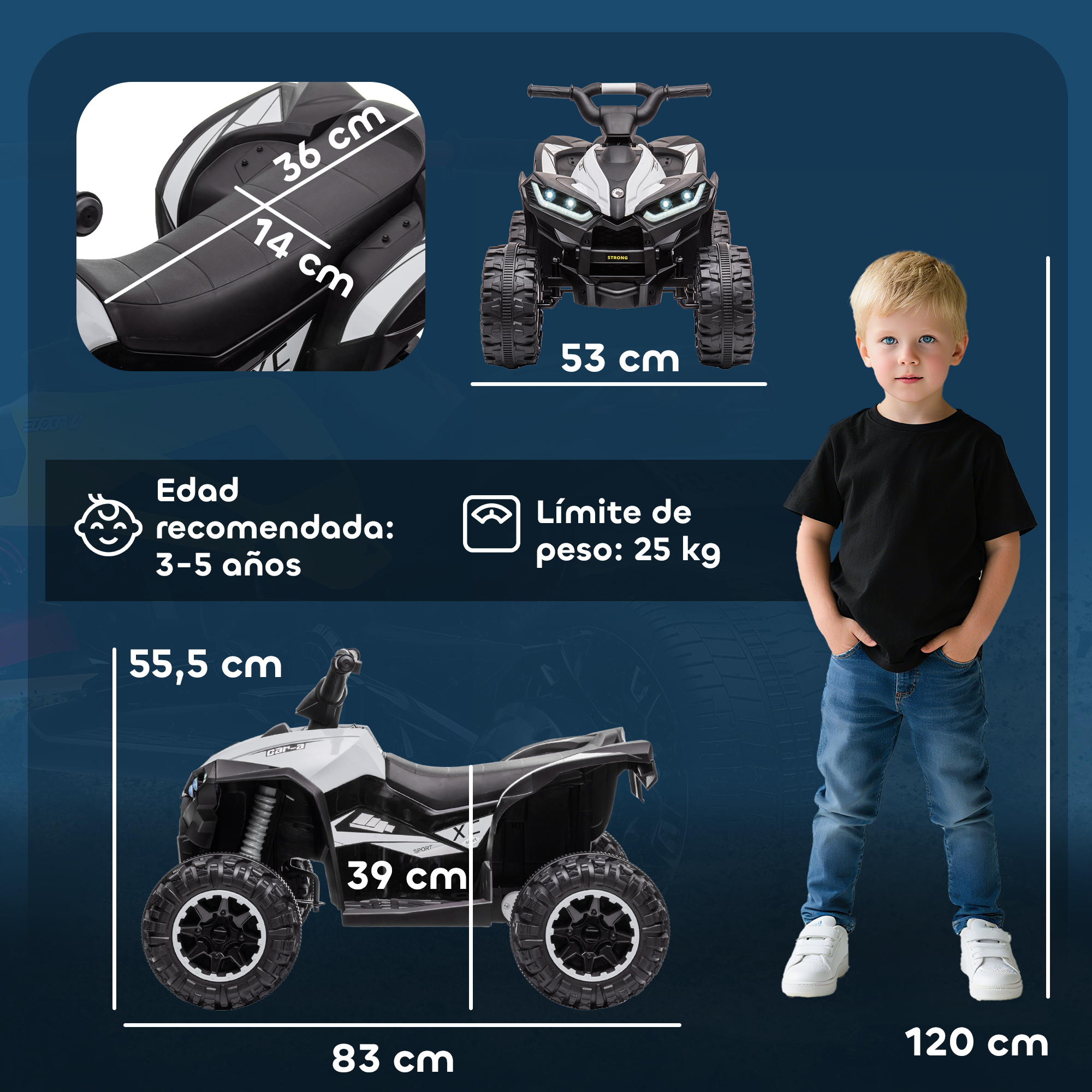 Un niño está junto a un quad eléctrico. Se muestran las dimensiones.