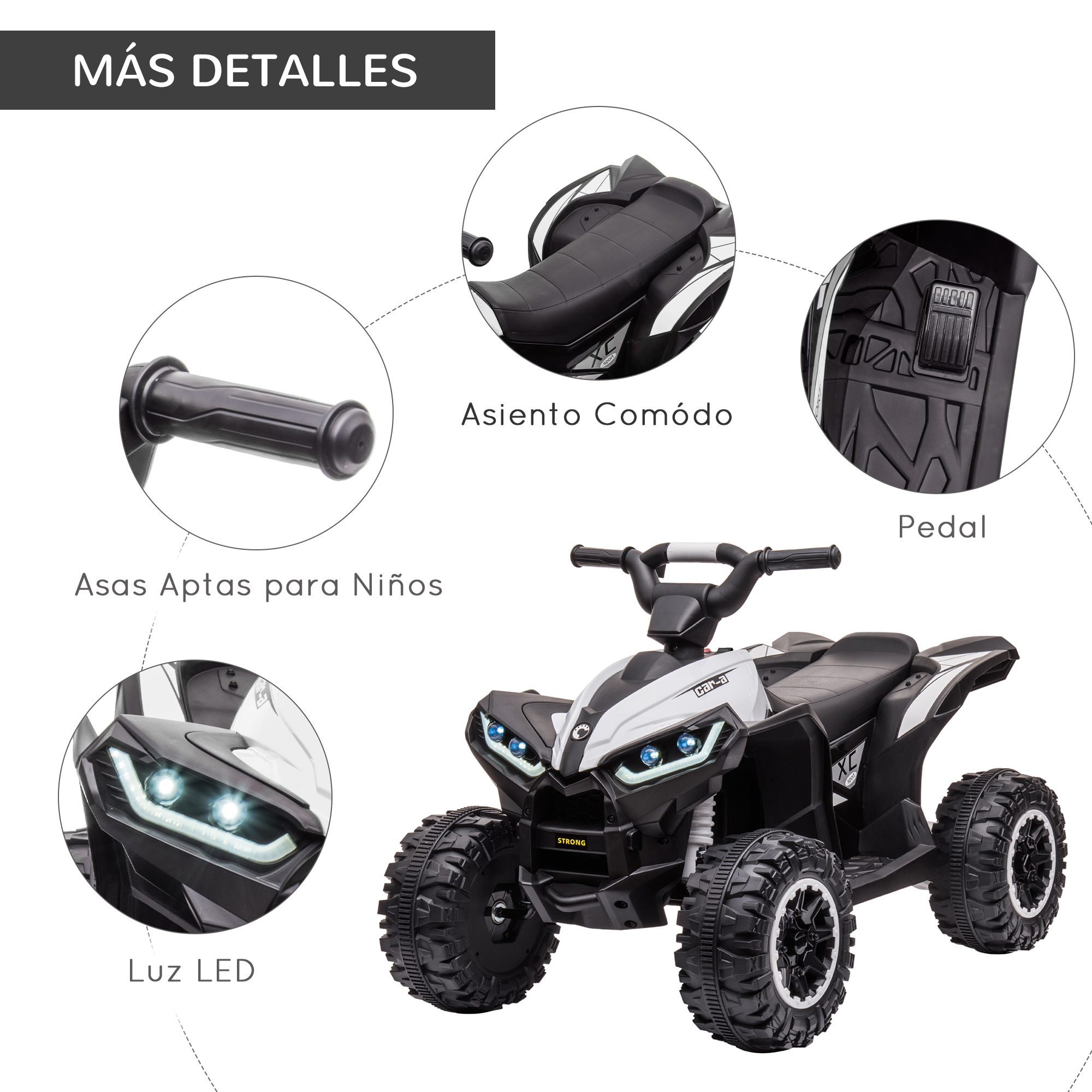 Un quad infantil blanco y negro con faros LED, asiento, manillar y pedal.
