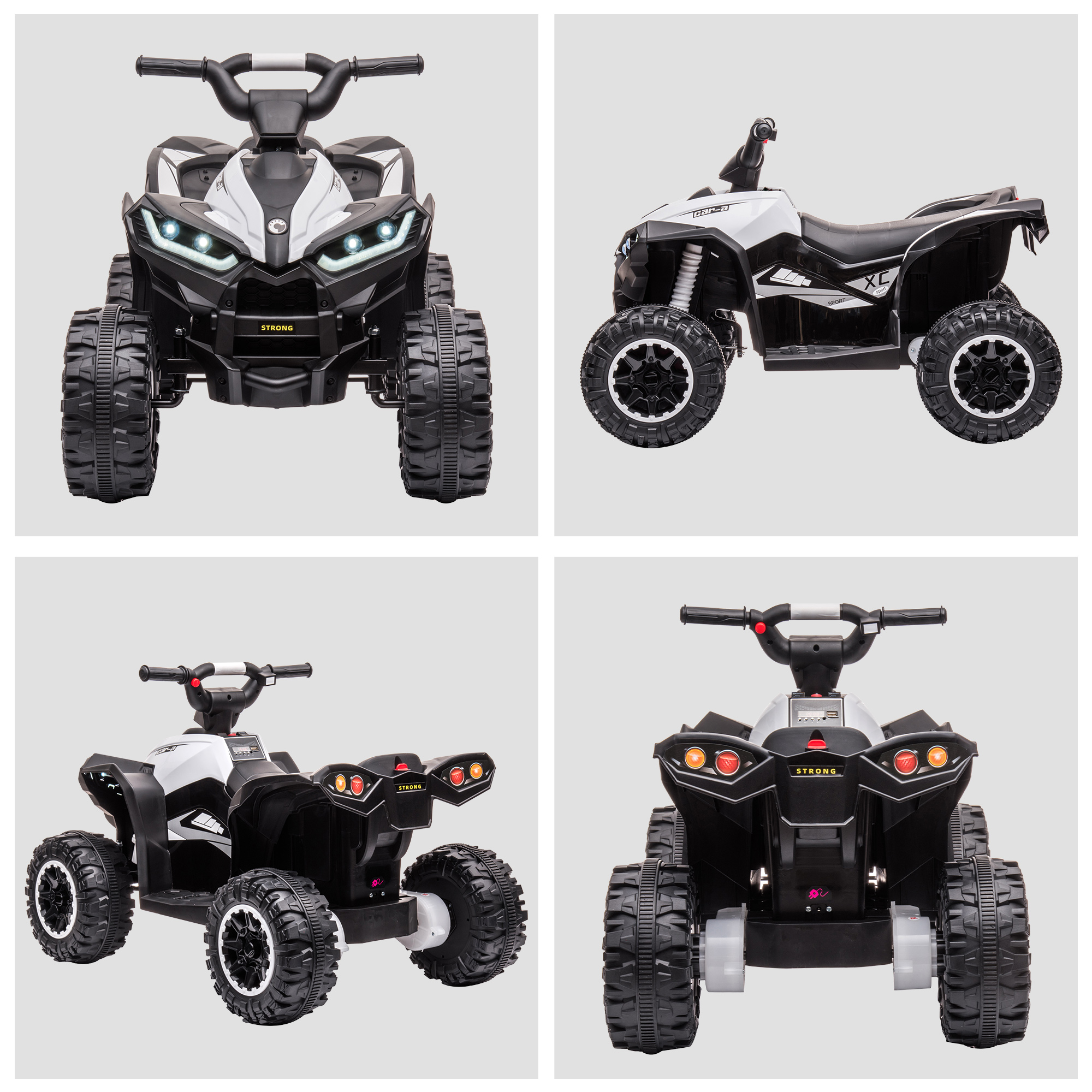 Un ATV de juguete blanco y negro con faros LED y neumáticos todoterreno.