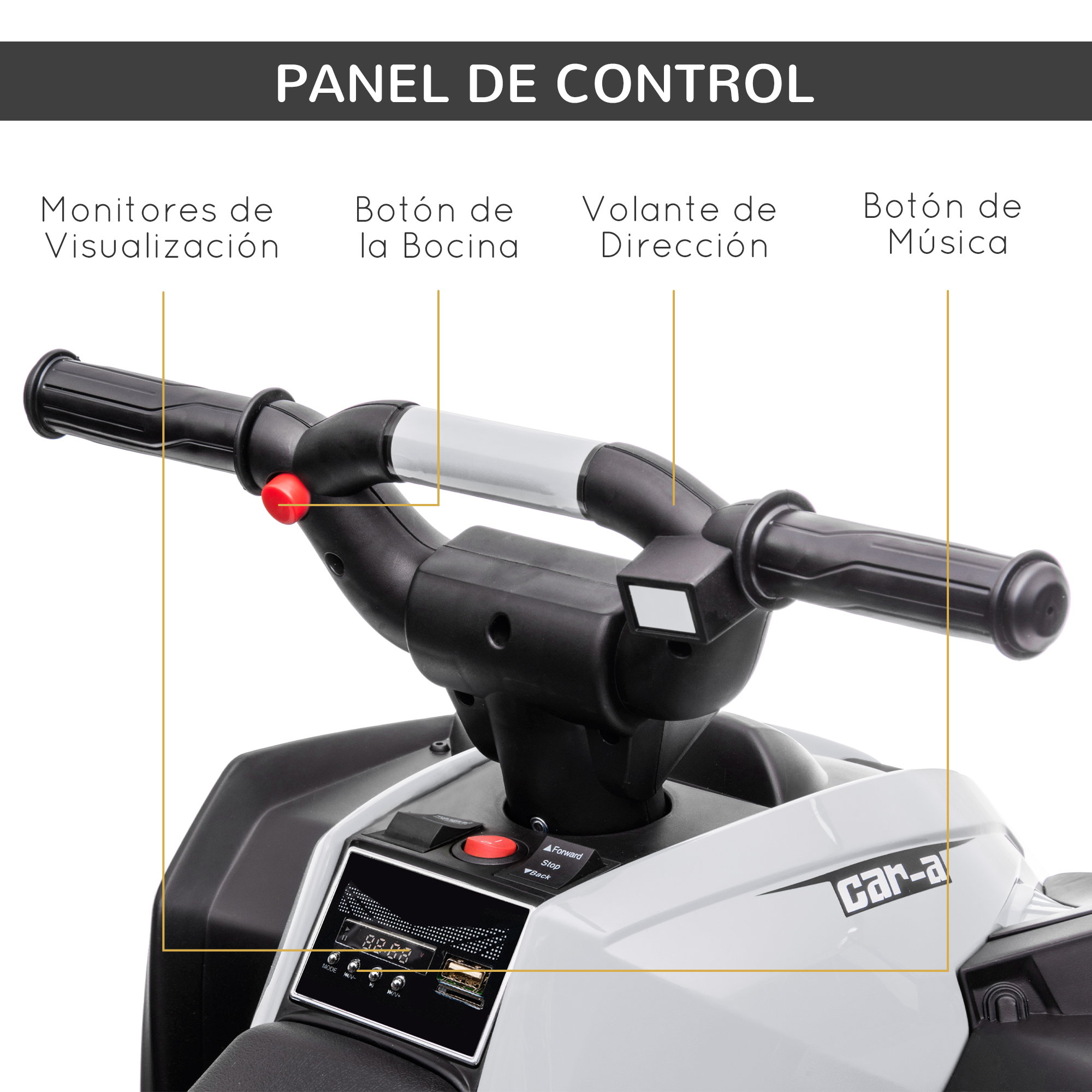La imagen muestra el panel de control de un vehículo de juguete blanco con manillar, botones y pantalla.