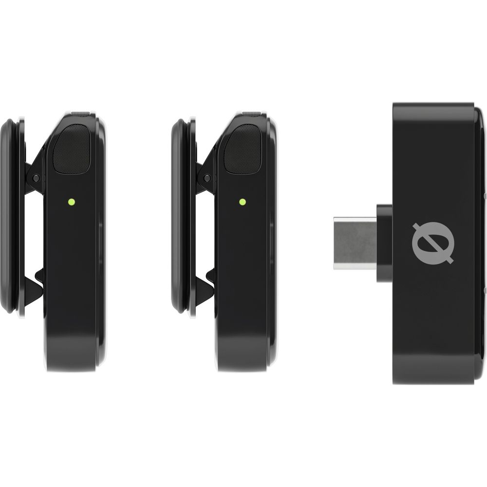 Trzy czarne urządzenia: dwa z klipsami, jedno z gniazdem USB-C.