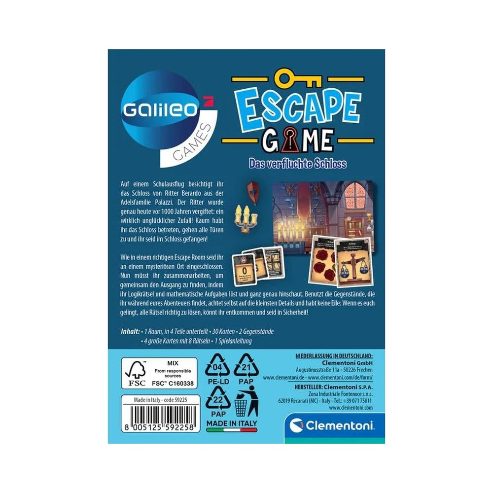 Escape Game Box: Galileo Games, mit Schlossmotiv, Spielinhalt und Logos.