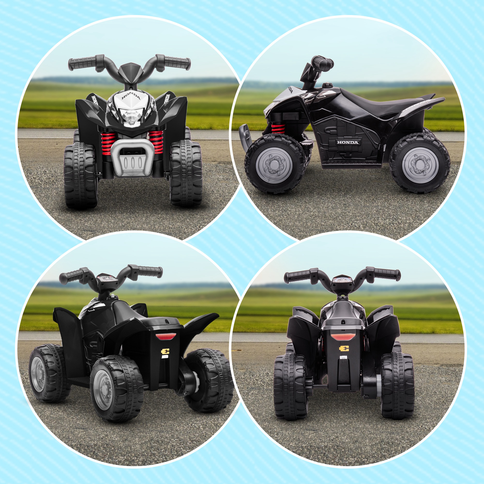 Quad infantil Honda negro con resortes rojos sobre asfalto.