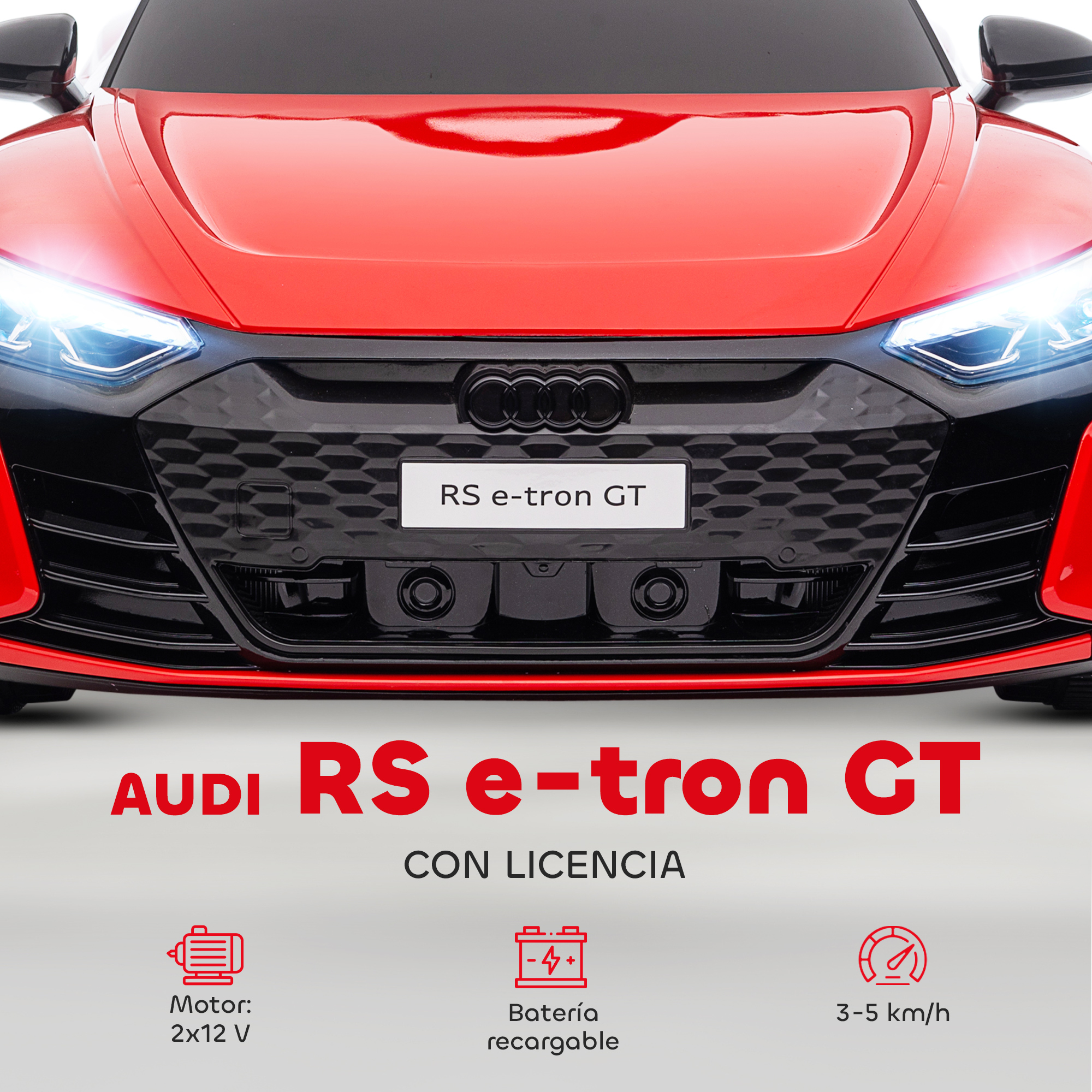 Audi RS e-tron GT rojo con luces, parrilla y especificaciones.
