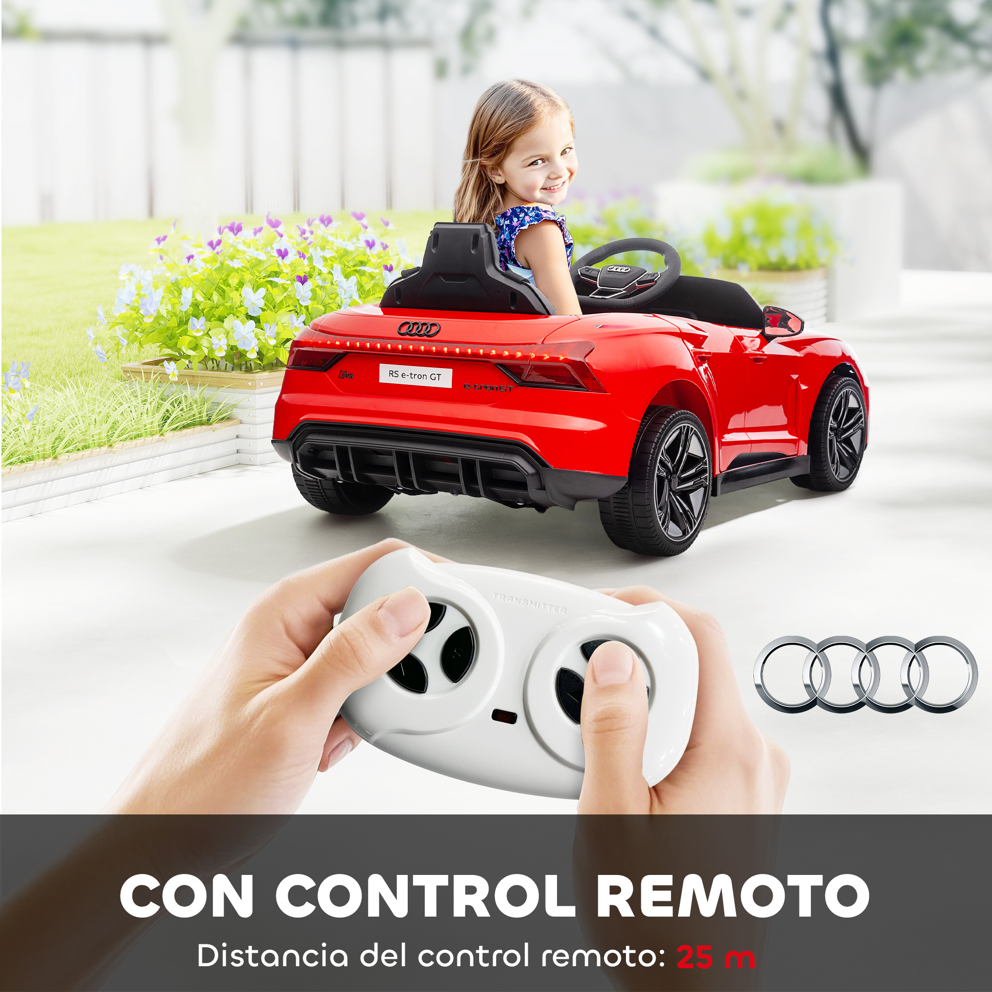 Un coche eléctrico rojo de juguete con una niña dentro, mando a distancia.
