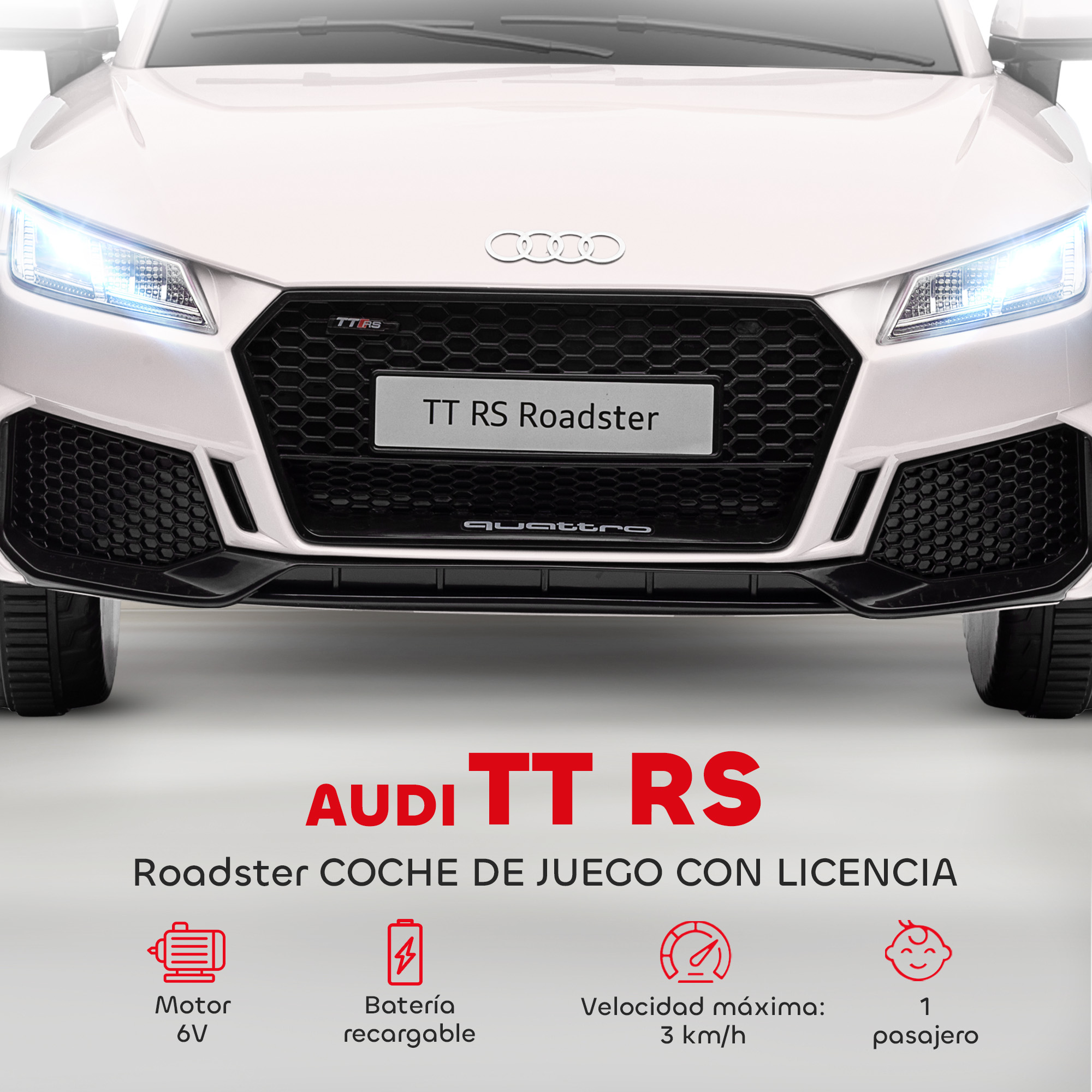 Un coche de juguete blanco Audi TT RS Roadster con faros encendidos.