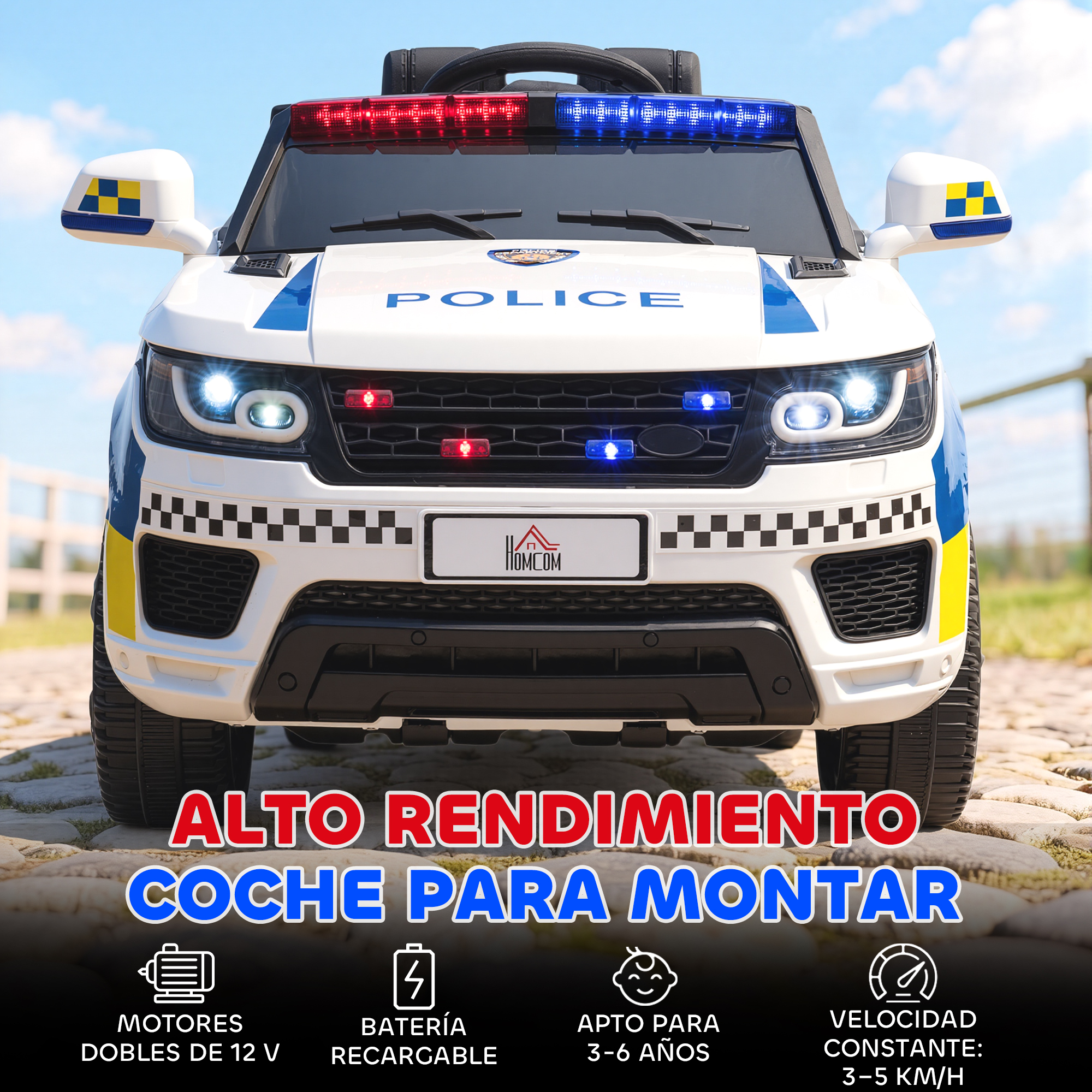 Un coche de policía de juguete blanco con luces azules y rojas.