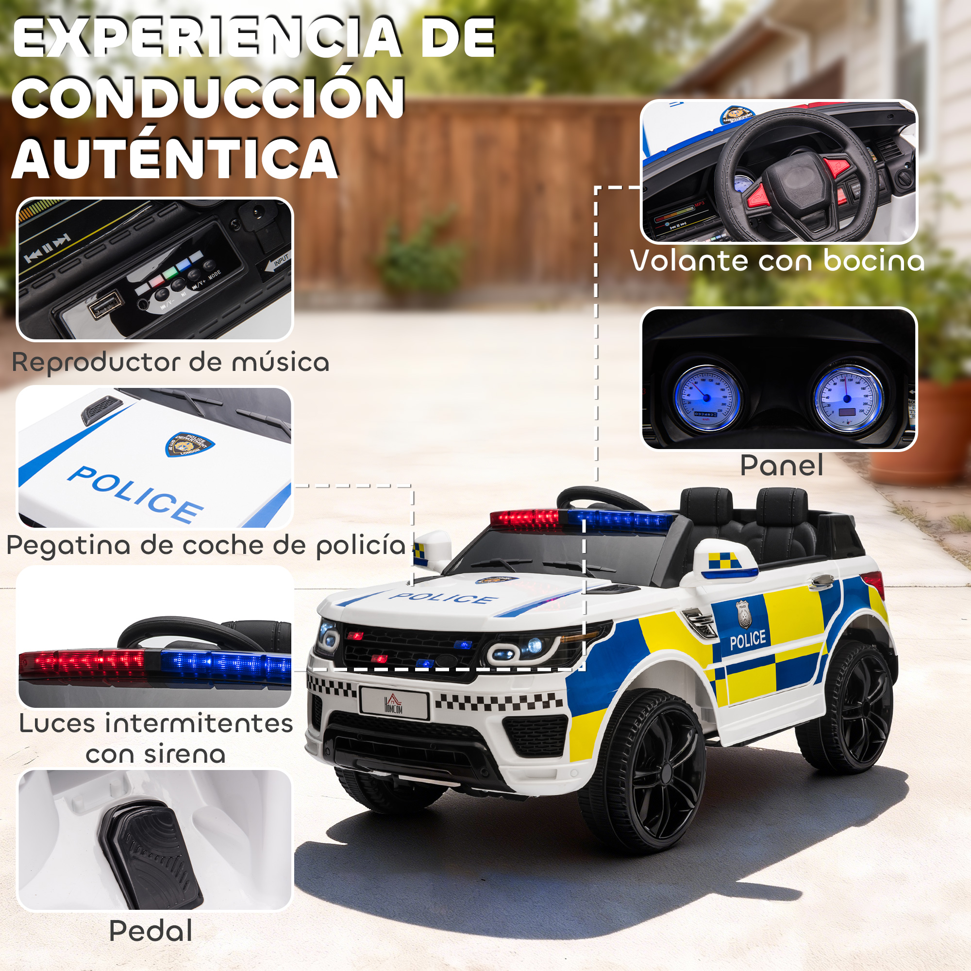 Un coche de policía de juguete blanco con rayas azules y amarillas, luces intermitentes y volante.
