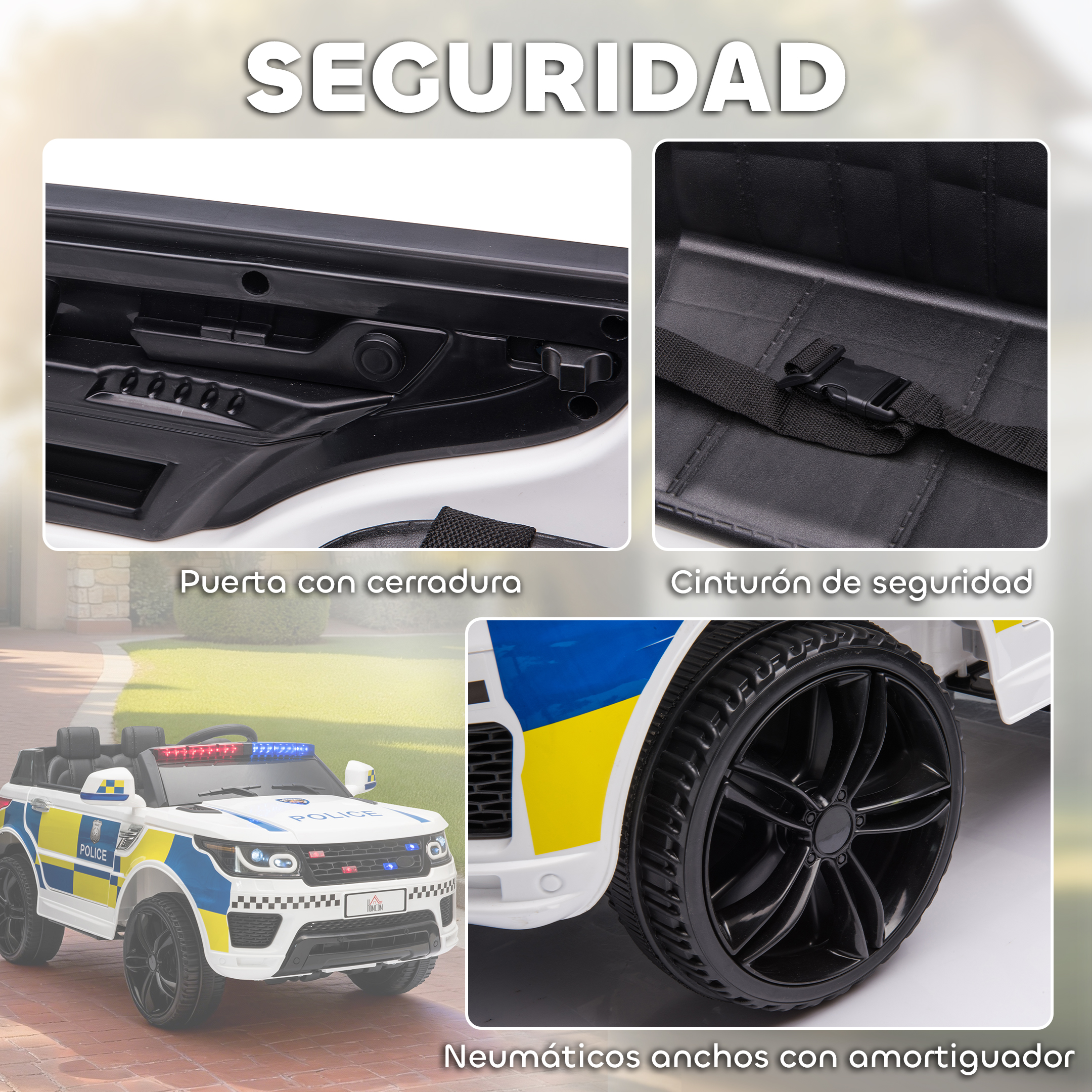 Coche de policía con neumáticos anchos, amortiguadores, puerta con cerradura y cinturón.