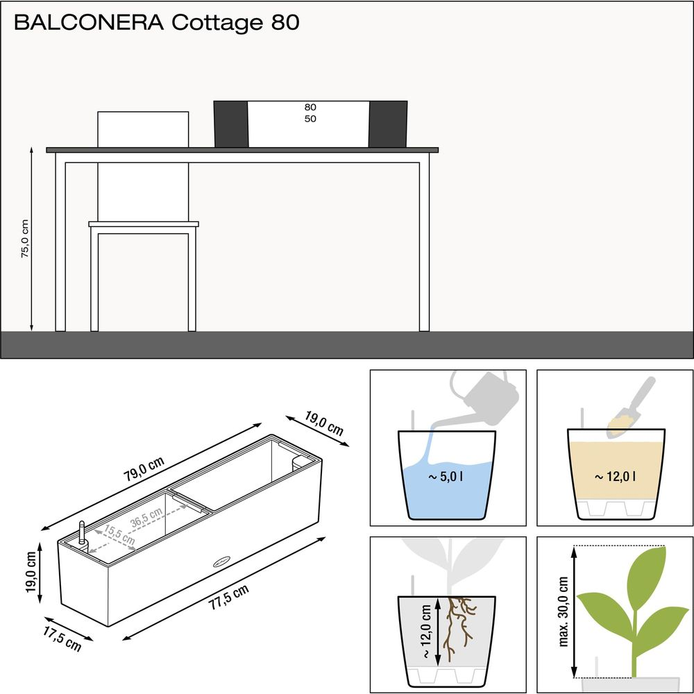 Diagramme d'une jardinière avec dimensions et instructions d'utilisation.