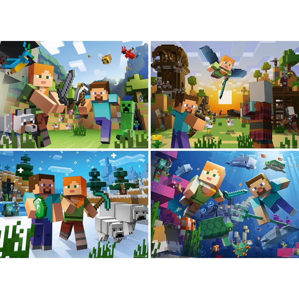 Quattro scene di Minecraft: foresta, torre, neve e subacquea.