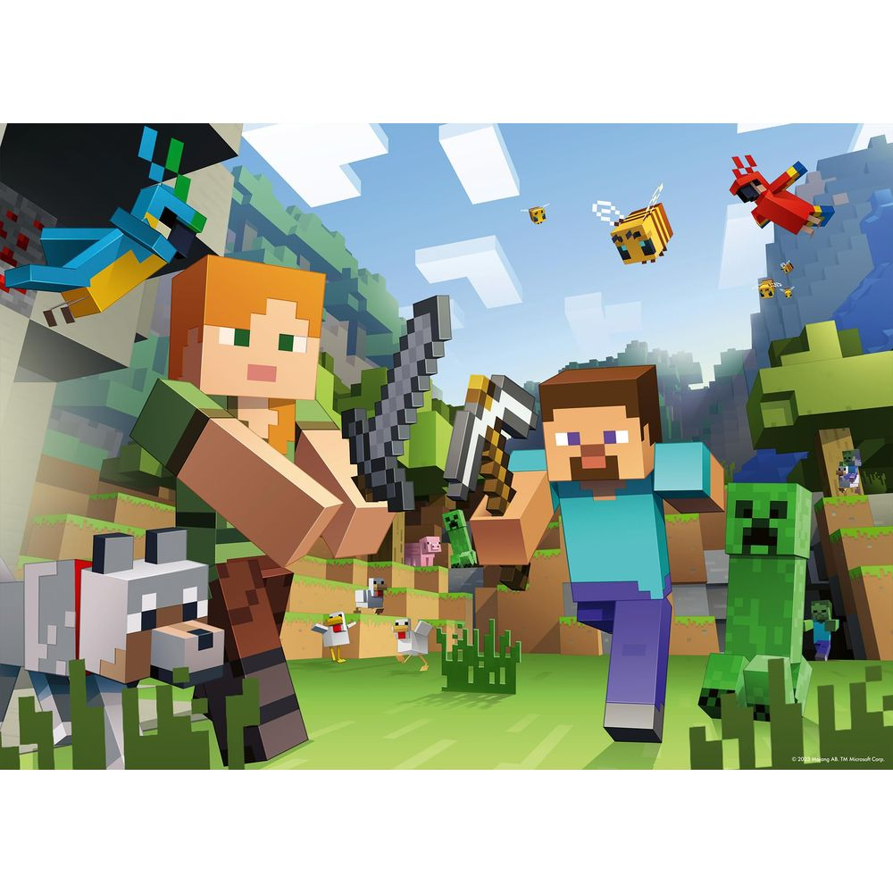 Steve e Alex giocano a Minecraft con animali e mostri in un mondo a blocchi.