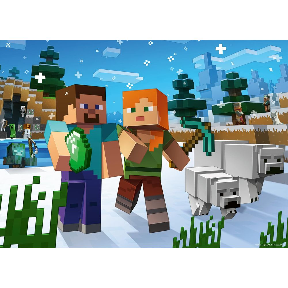Steve e Alex stanno accanto a due orsi polari in un paesaggio innevato di Minecraft.