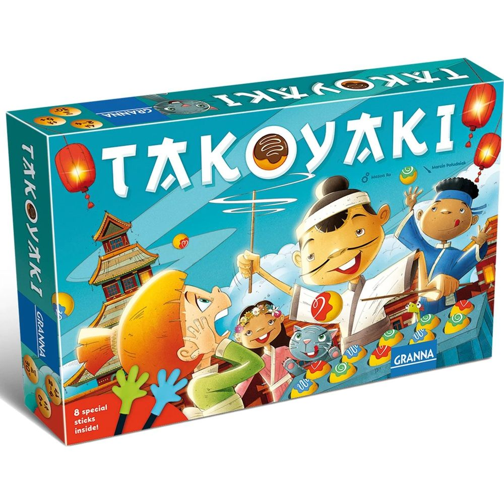 Spielbrett TAKOYAKI mit Cartoon-Figuren, japanischem Gebäude und roten Laternen.