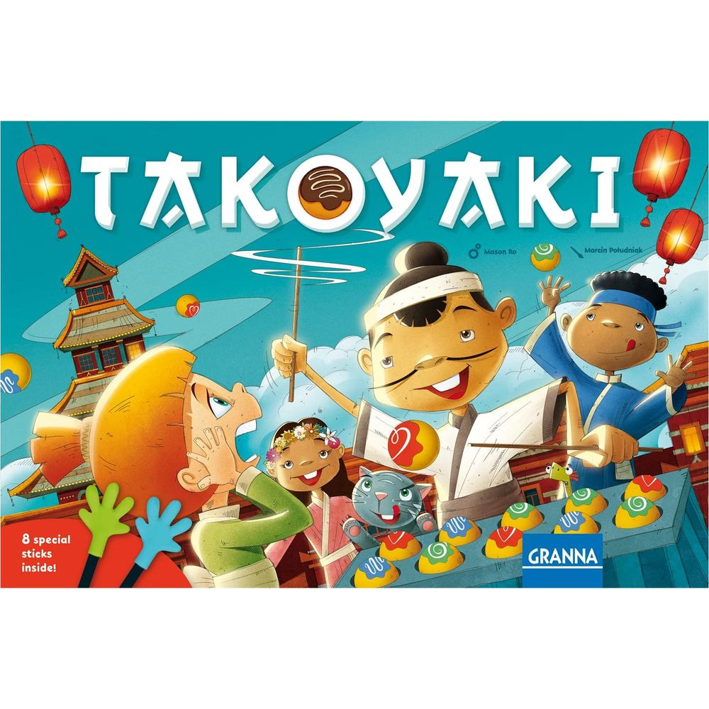 Takoyaki Brettspiel mit fröhlichen Charakteren und japanischer Architektur.