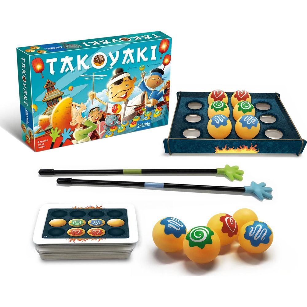 Takoyaki Spielbrett mit Bällchen, Karten und Stäbchen.